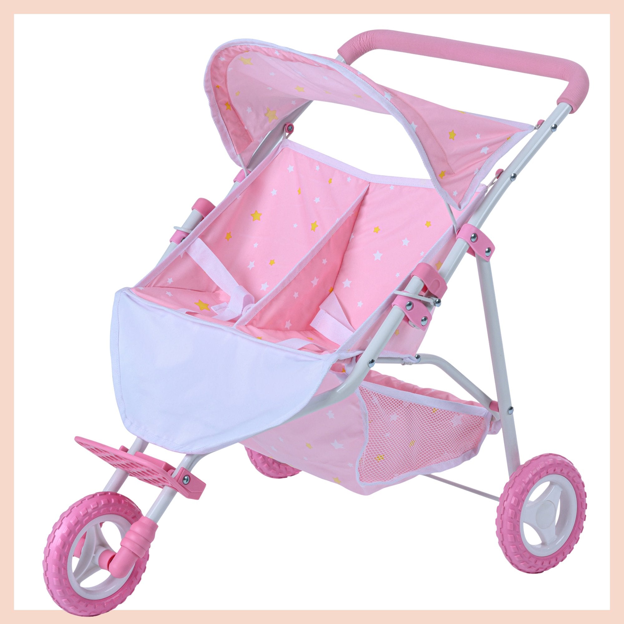 Image shows an iridescent doll-sized stroller for kids.