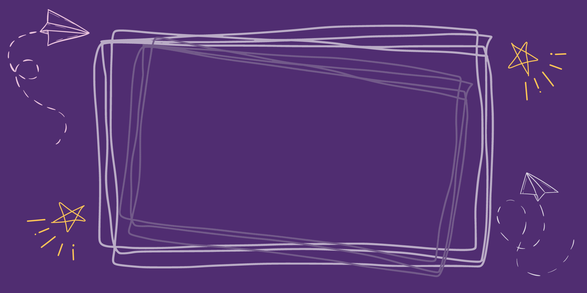 A purple banner with hand drawing of stars, frames, and paper planes