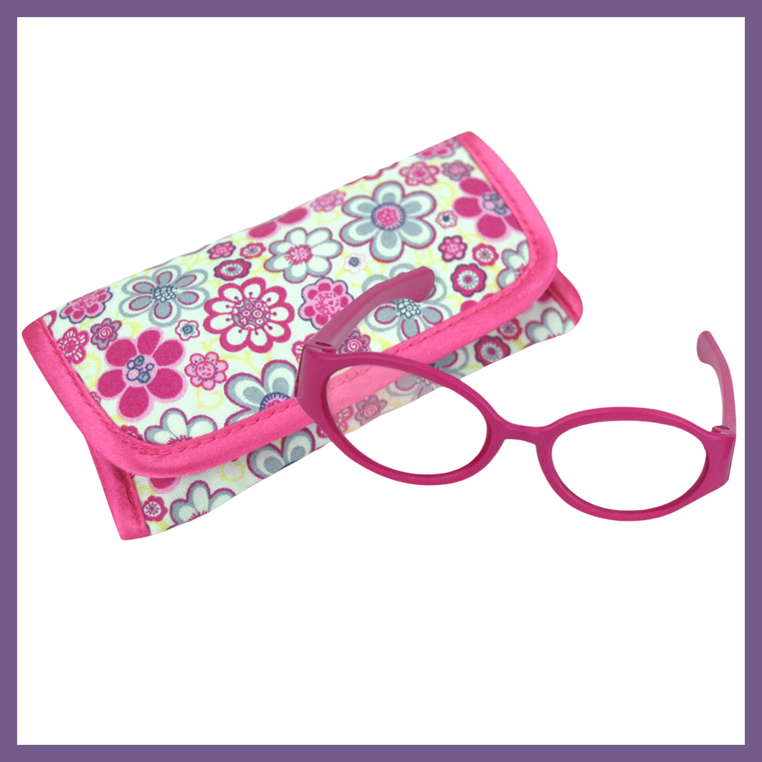 a doll sized pair of hot pink eye glasses and floral print case is shown