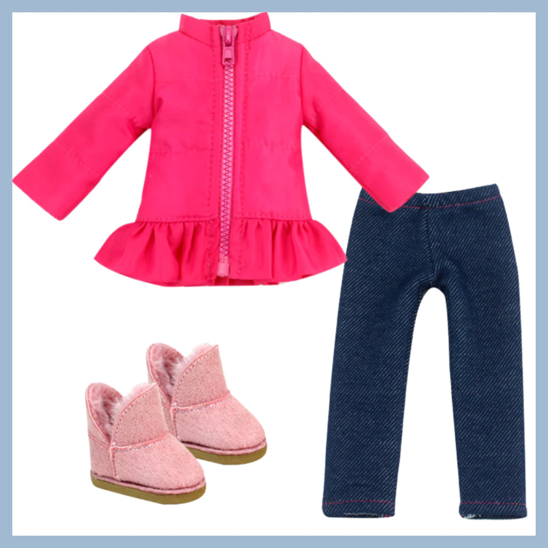A winter outfit featuring a hot pink jacket and pink snow boots for 14.5 inch dolls.
