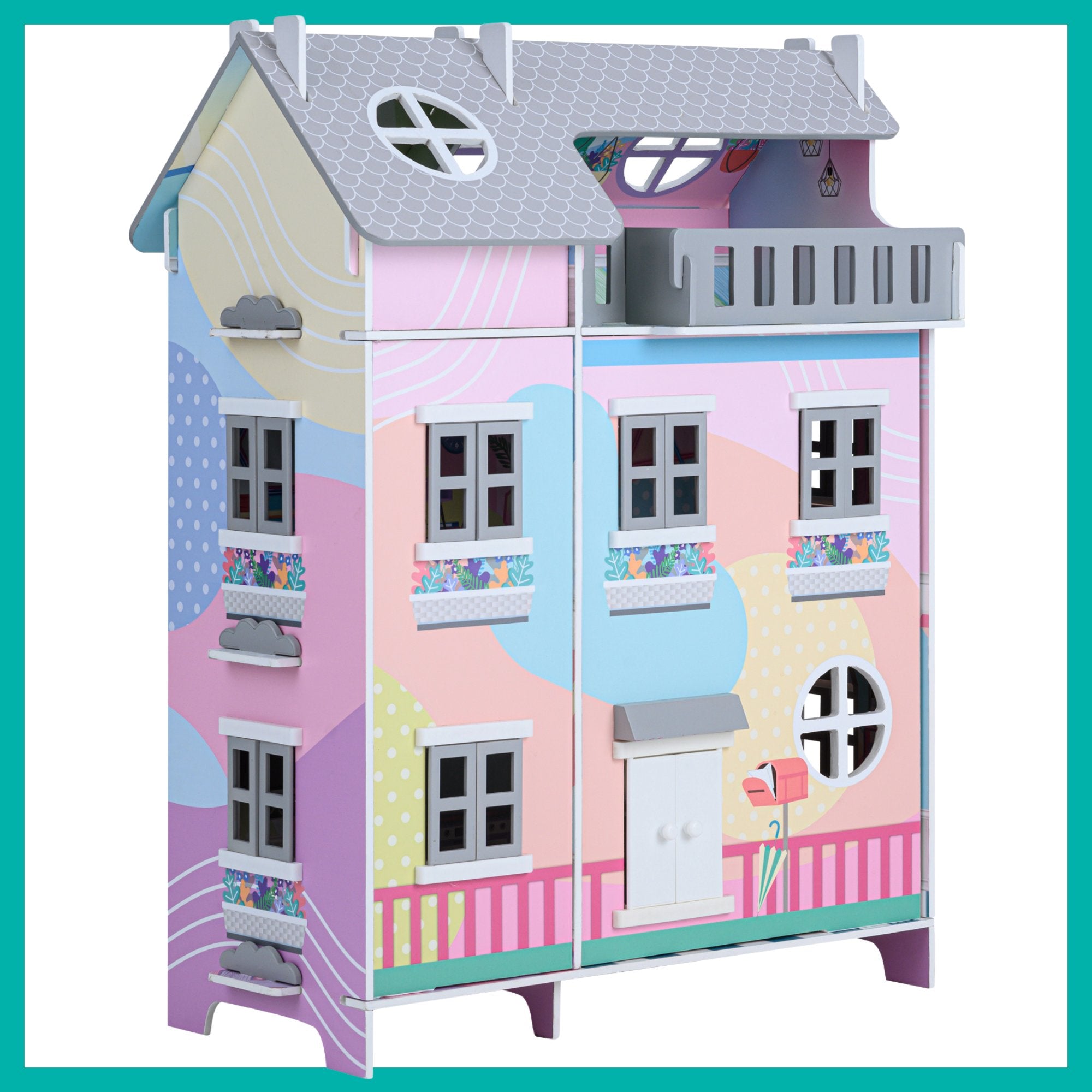 Image shows a three story, furnished dollhouse for 12 inch dolls.