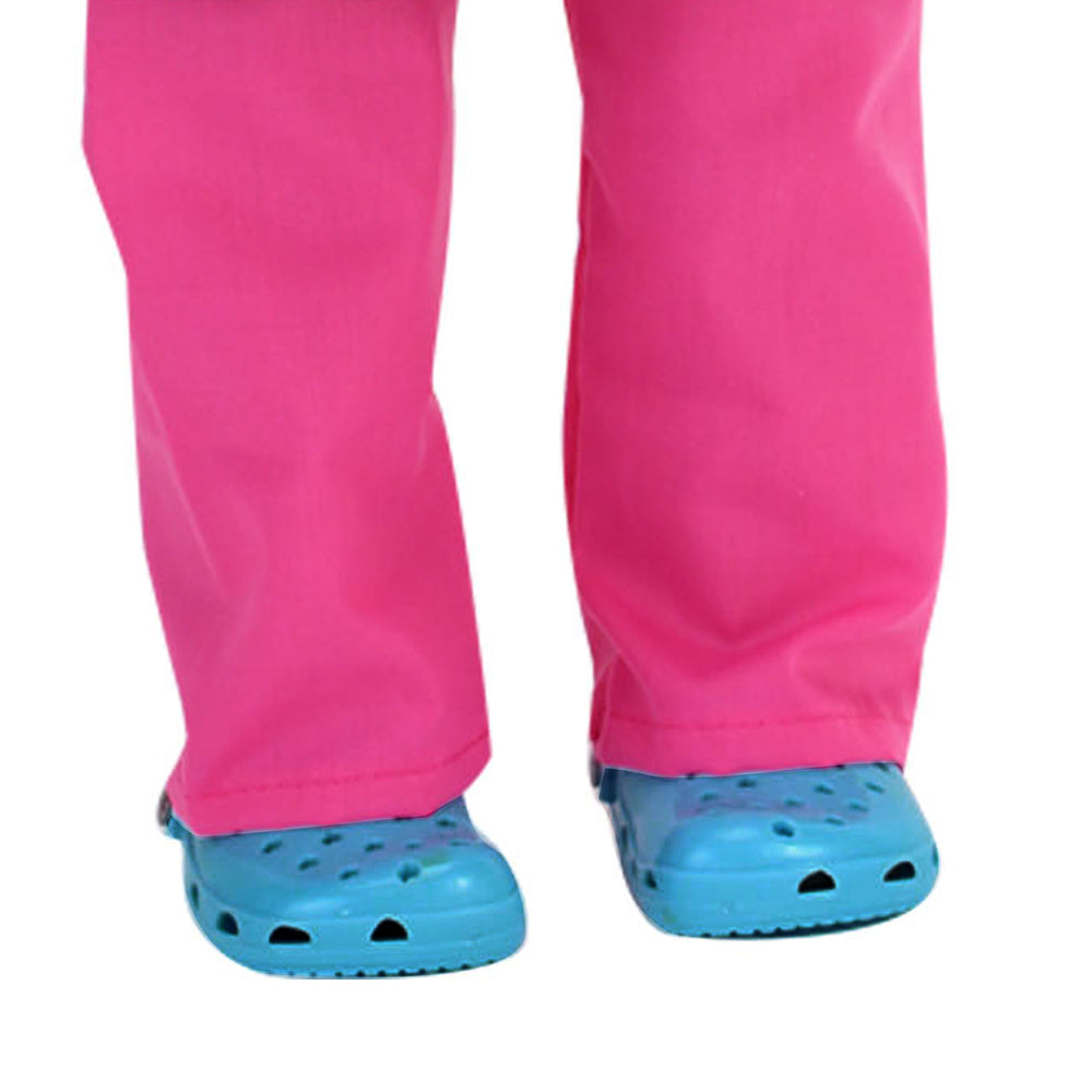 
Close-up of a pair of 18" doll garden clogs.
