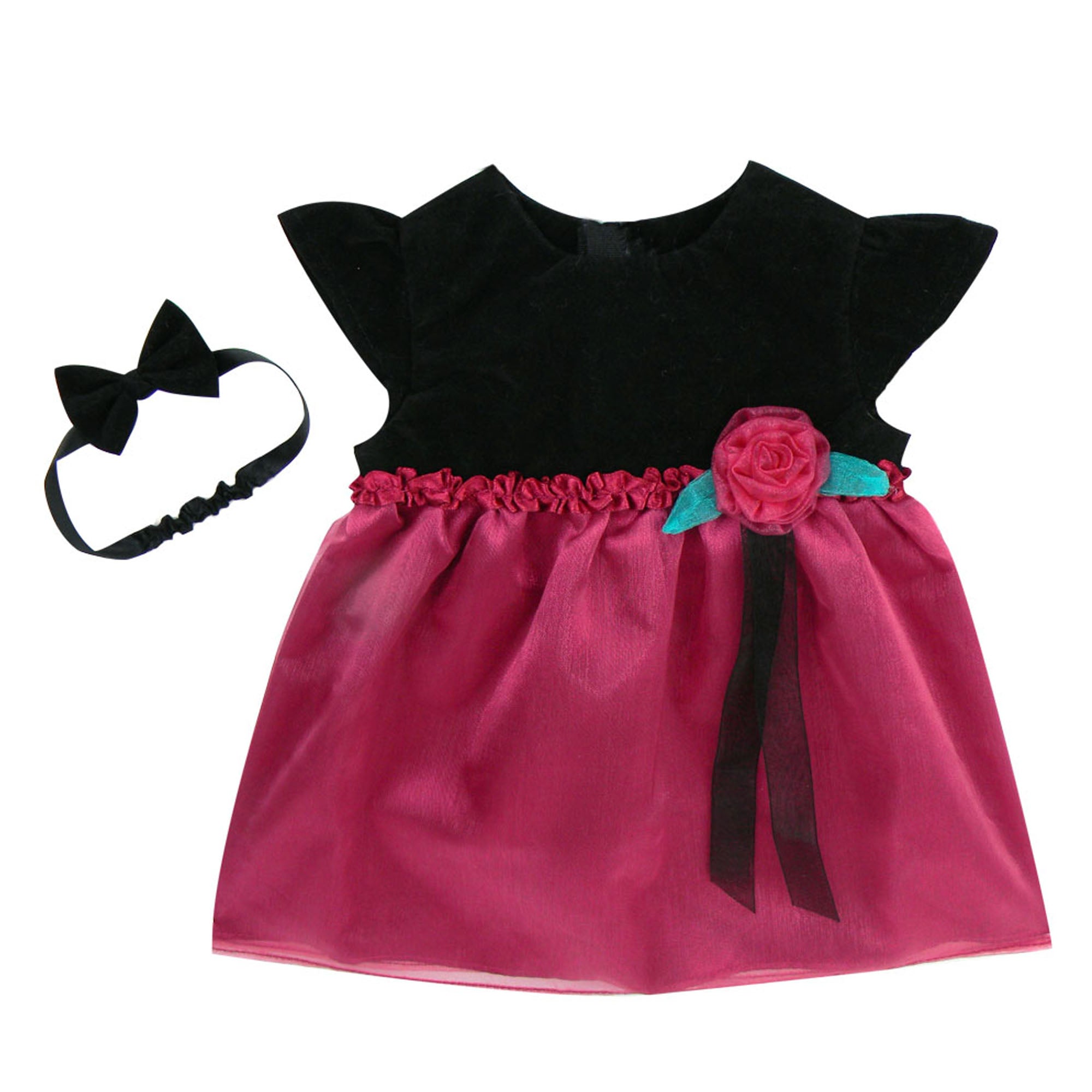 Sophia’s Velvet & Satin Special Occasion Holiday Dress with Matching Bow Headband Accessory & Rosette Detail for 15” Baby Dolls, Black/Berry