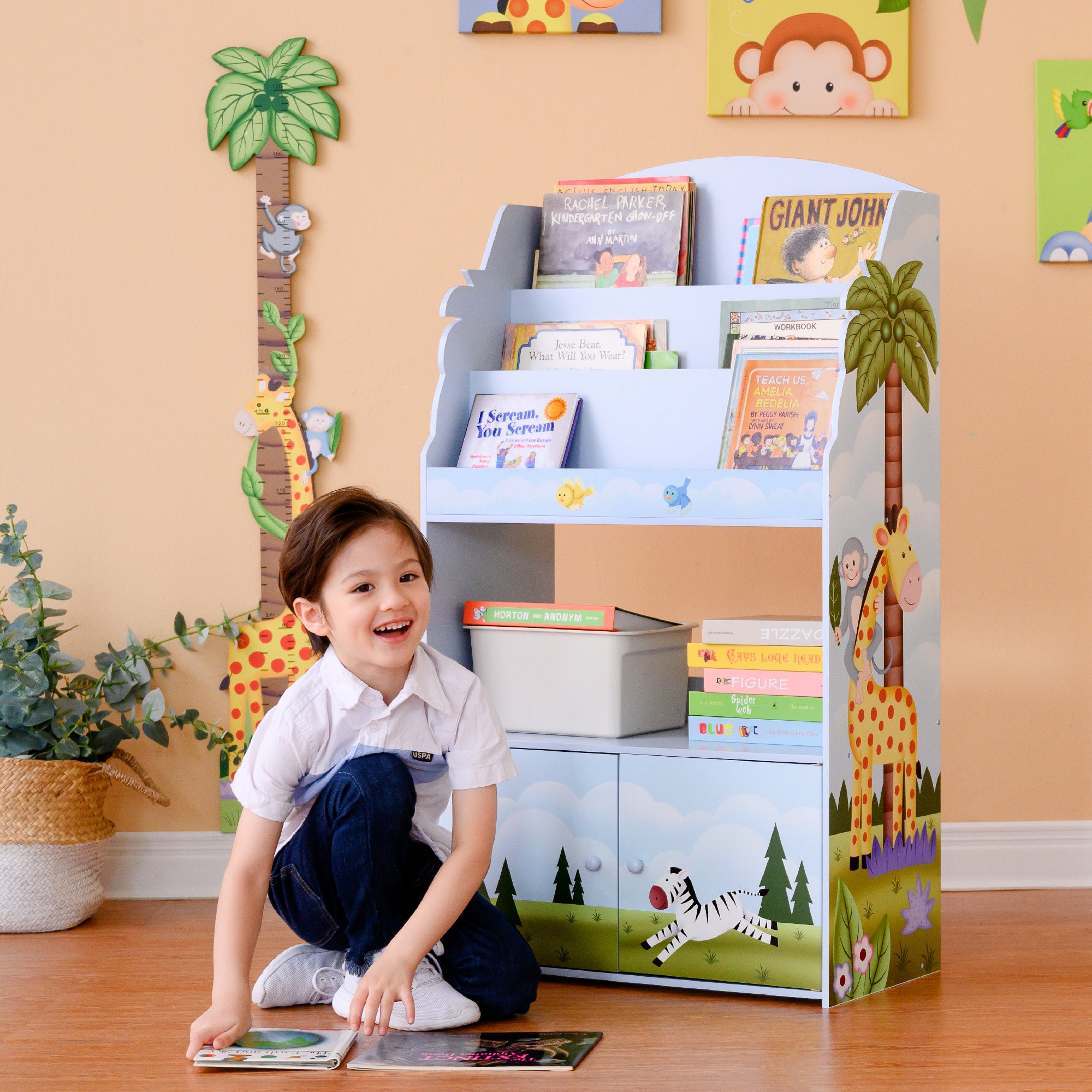 Fantasy Fields Sunny Safari Kids 3-Tier Wooden Bookshelf with Storage, Multicolor