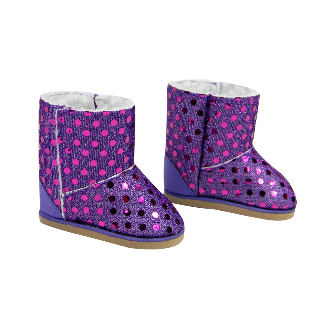 Sophia’s Sparkly Sequin Ewe Boots with White Fleece Lining for 18” Dolls, Purple