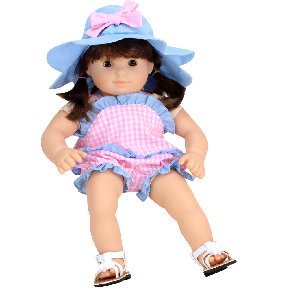 Sophia's Gingham Romper Outfit and Hat Set for 15'' Dolls, Pink/Blue