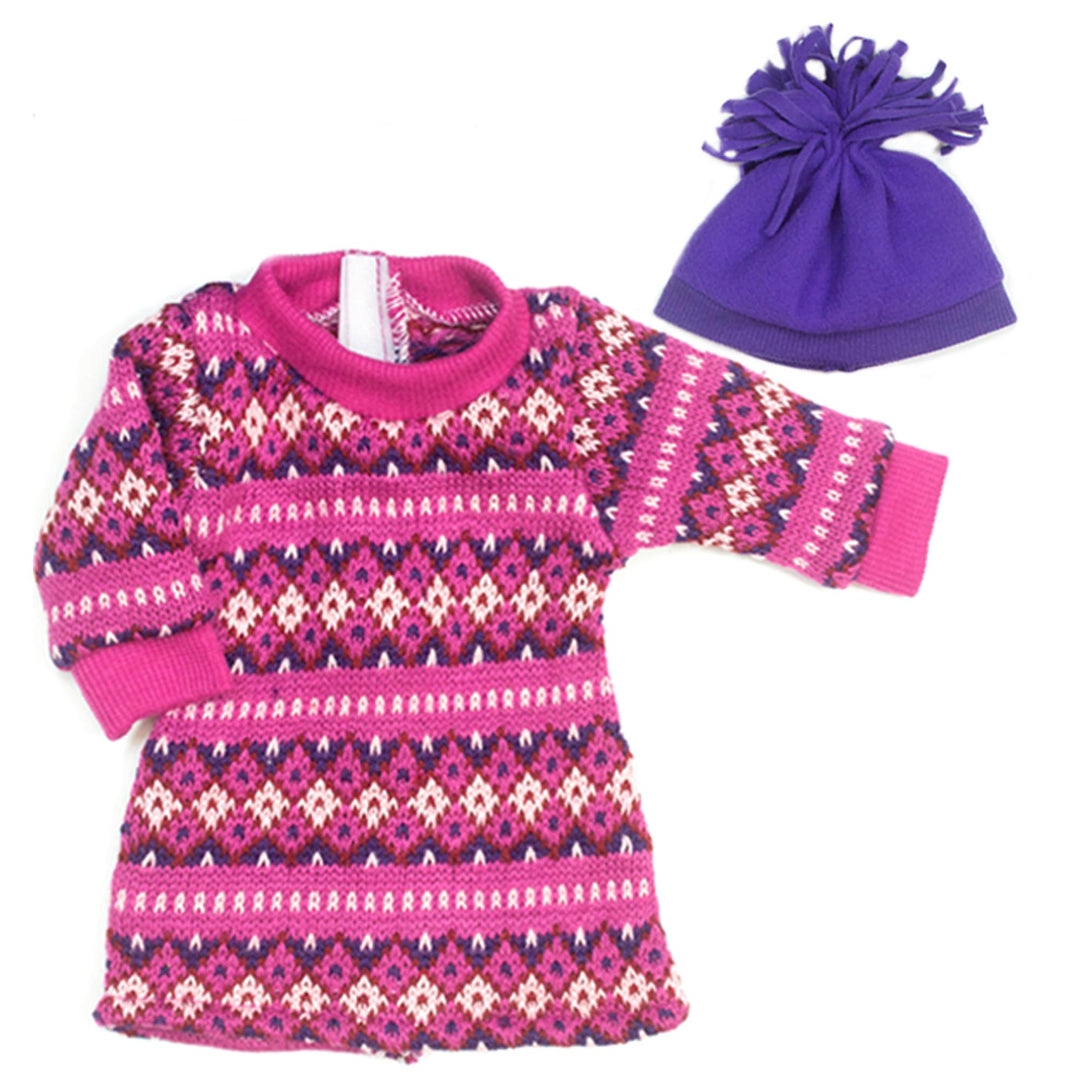 Sophiaƒ??s Mix & Match Fair Isle Pattern Knit Long-Sleeved Sweater Dress & Winter Pom-Pom Hat for 18ƒ?� Dolls, Hot Pink/Purple