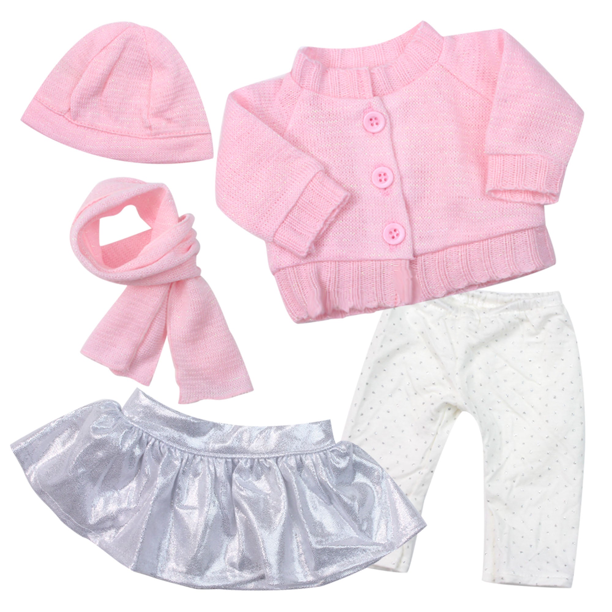 Sophia’s Complete Five-Piece Outfit Set Including Skirt, Cardigan, Leggings, Hat, & Scarf for 18” Dolls, Silver