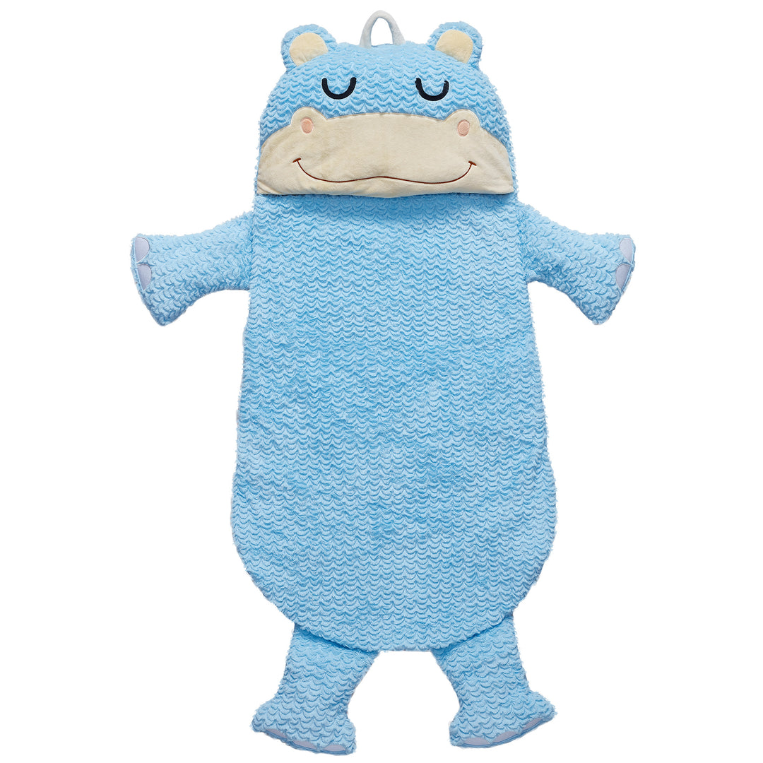 Fantasy Fields Pajama Party Time Hippo Sleeping Bag with Arms, Legs, Embroidered Sleepy Face, & Built-In Fabric Handle, Blue