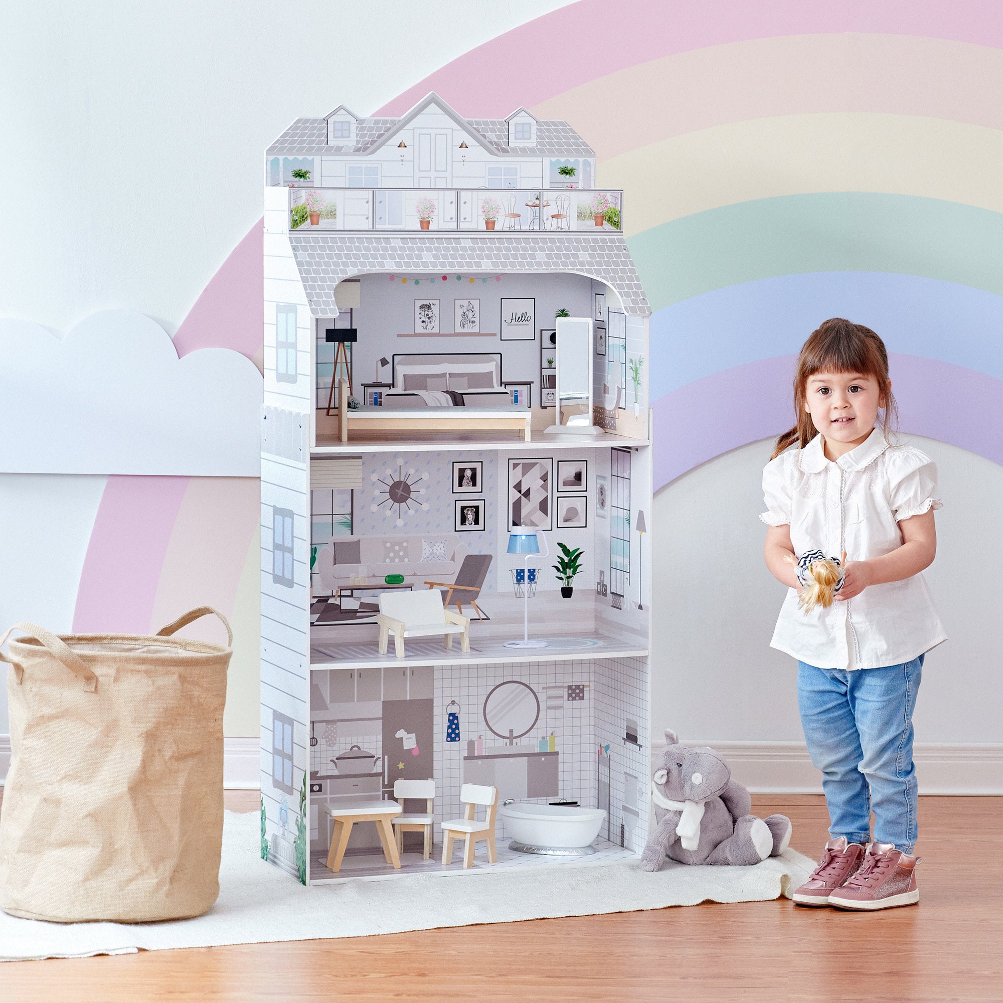 Olivia's Little World 3 Story Deluxe Dollhouse with Accessories for 12" Dolls, Gray