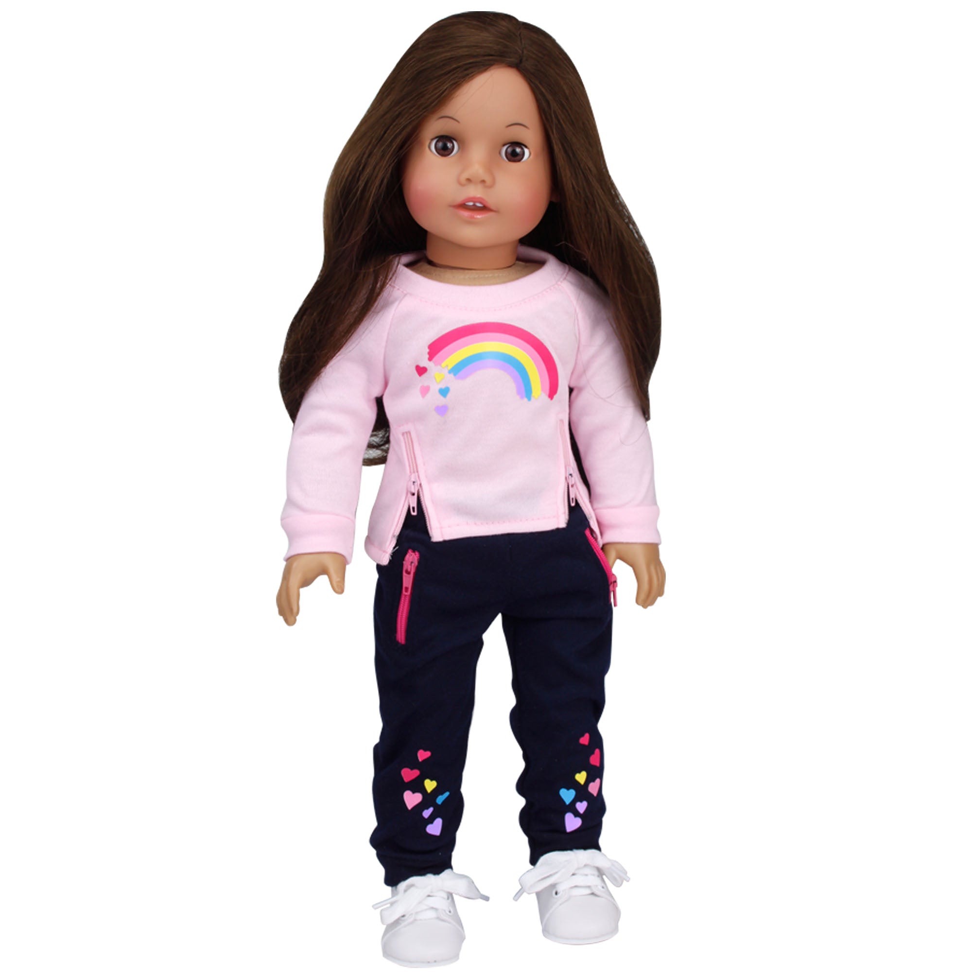 Sophia’s Athletic Graphic Rainbow Sweatshirt & Navy Heart Zip Pocket Joggers Complete Sweatsuit Outfit Set for 18” Dolls, Light Pink
