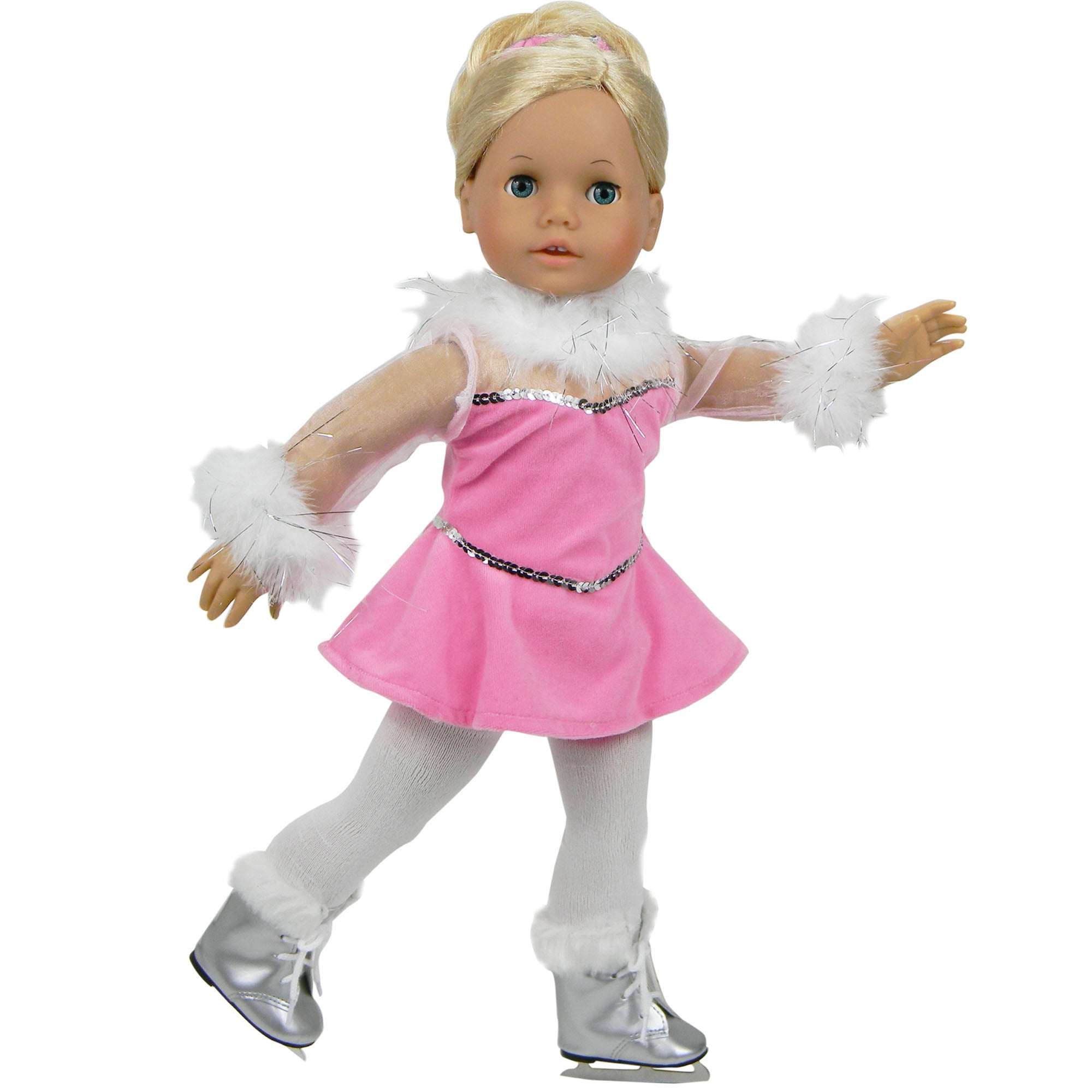 Sophia’s Complete Three-Piece Ice Skating Costume Set Including Gown with Mesh Sleeves & Silver Sequins, Panties, & Scrunchy Ponytail Holder for 18” Dolls, Pink