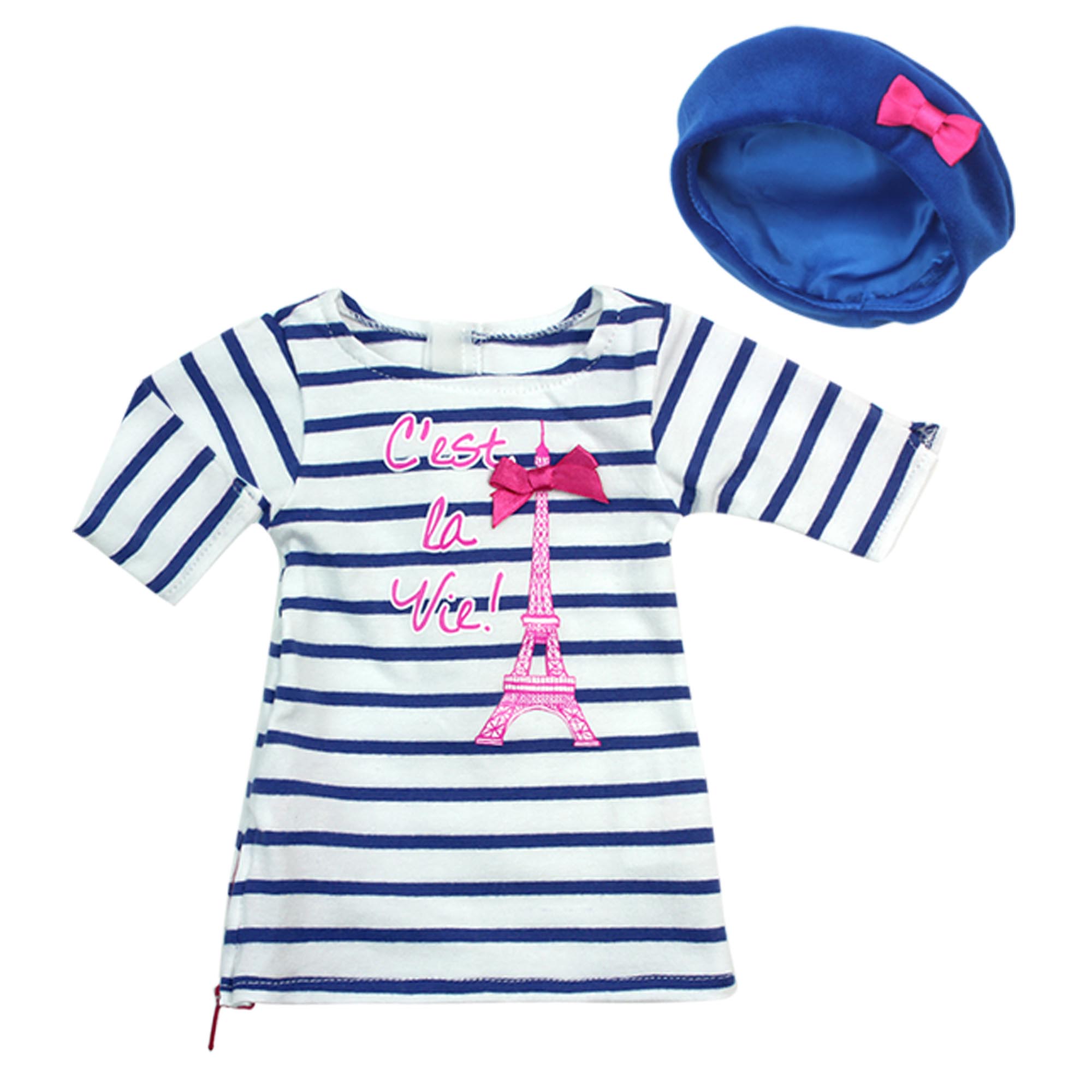 Sophia’s Long-Sleeved Striped Eiffel Tower T-Shirt Dress & Velour Beret Hat Parisian Outfit Set for 18” Dolls, Royal Blue