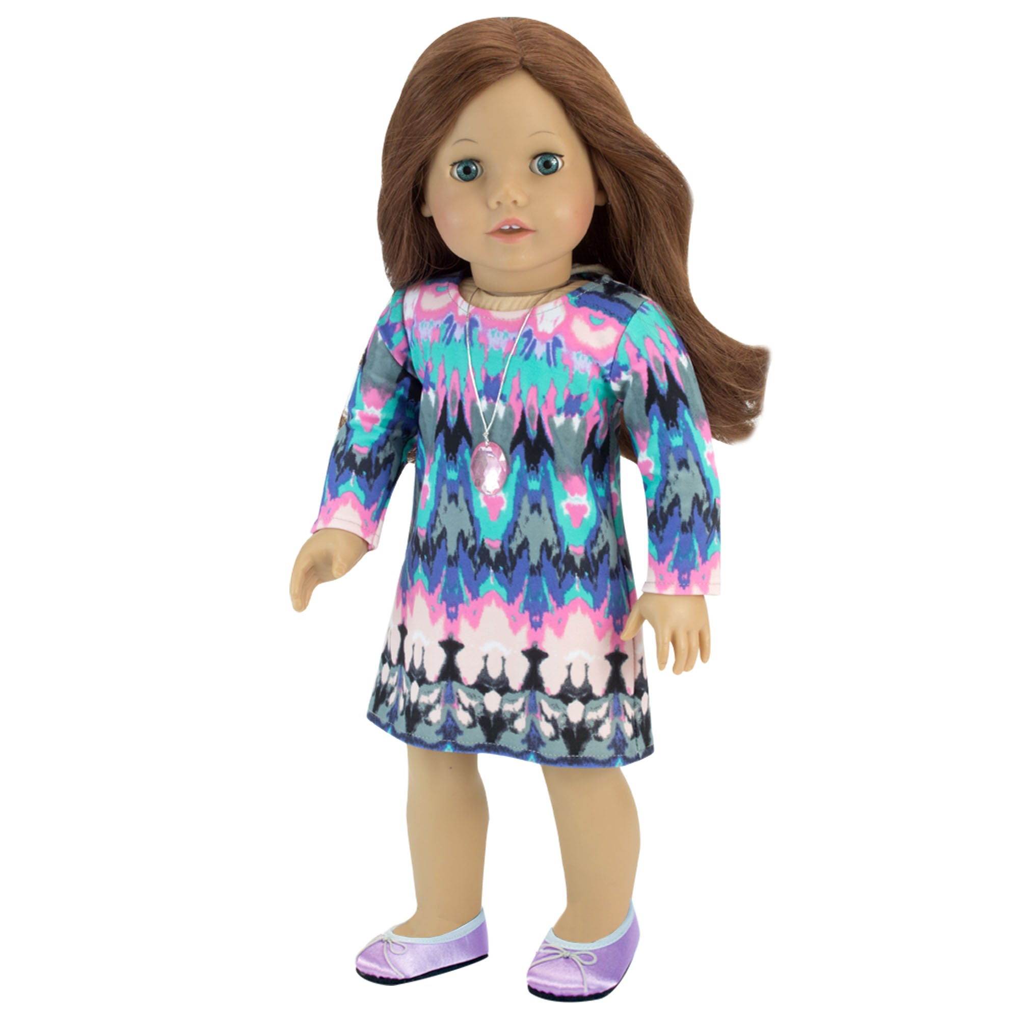 Sophia’s Watercolor Ikat Print Long-Sleeved T-Shirt Jersey Dress with Pink Rhinestone Necklace for 18” Dolls, Multi