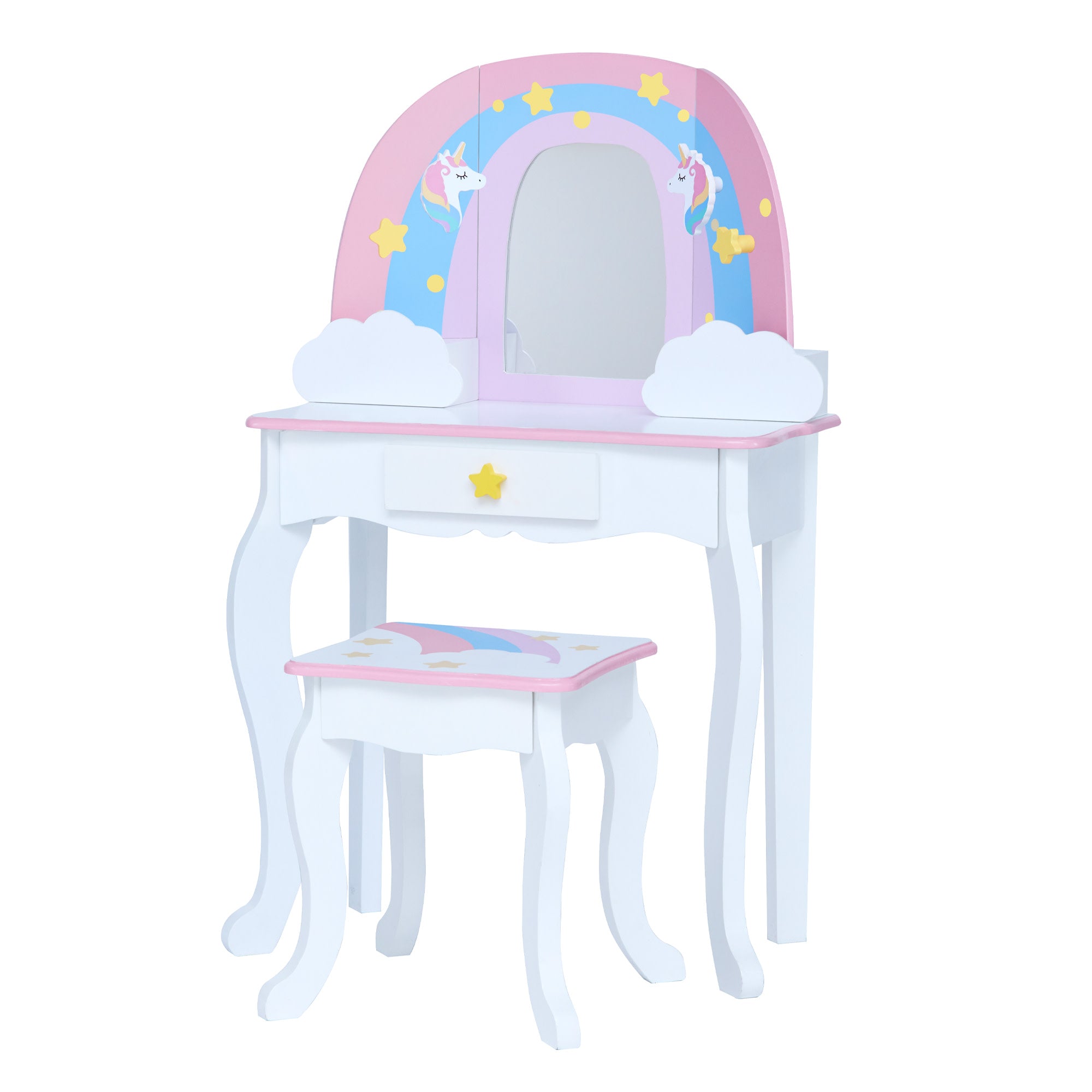 Fantasy Fields Little Dreamer Rainbow Unicorn Vanity Table Set with Mirror and Stool, White