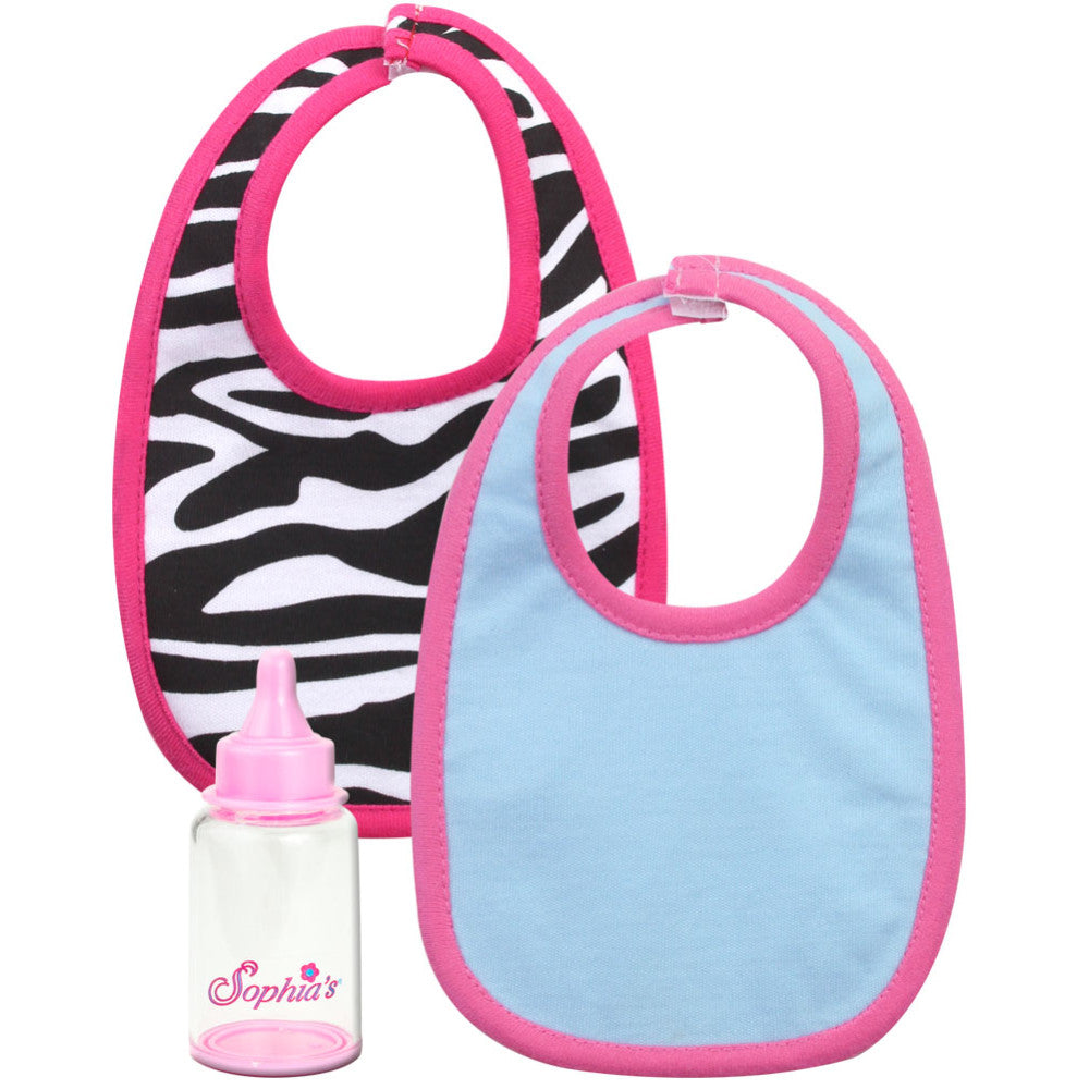 Sophia’s Mix & Match Set of Two Bibs & Baby Bottle Feeding Time Playset for 15” Baby Dolls, Pink/Multi