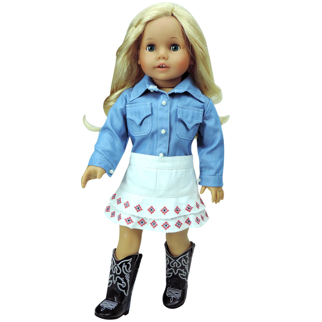 Sophia’s Southwest Chic Chambray Button-Up Shirt & White Denim Skirt with Craft Art Embroidered Details Complete Outfit for 18” Dolls, Light Blue