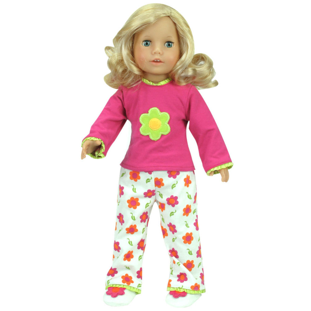 Sophia’s Complete Two-Piece Retro Flower Power Long-Sleeved Pajama Sleepwear Set for 18” Dolls, White/Pink