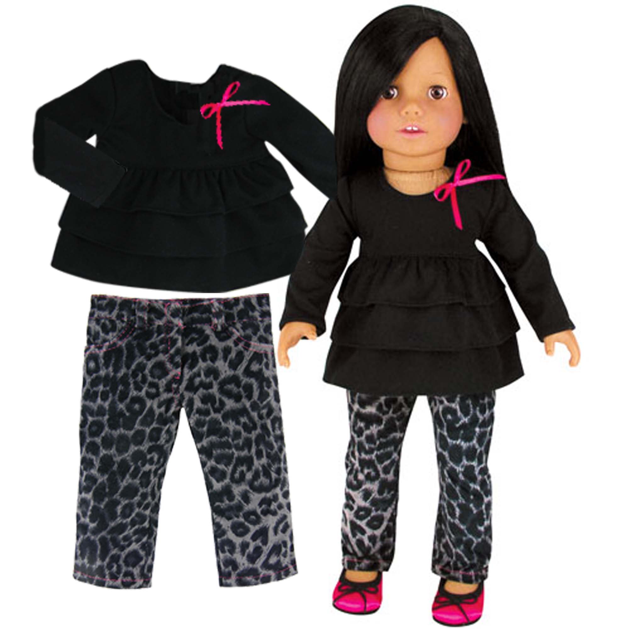 Sophia’s Two-Piece Complete Doll Outfit Set with Leopard Animal Print Jeans & Long Sleeve Ruffle Peplum-Style Tee Shirt for 18” Dolls, Black