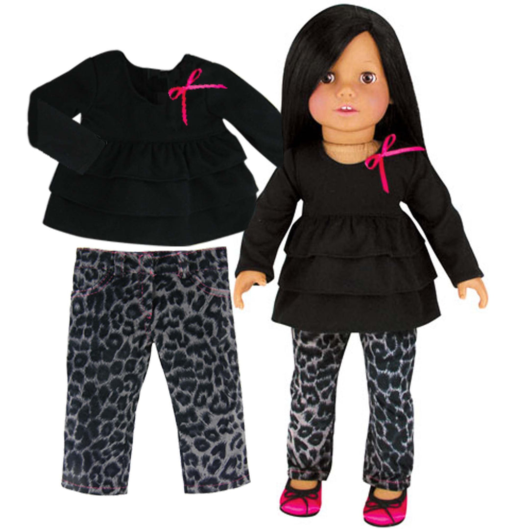 Sophiaƒ??s Two-Piece Complete Doll Outfit Set with Leopard Animal Print Jeans & Long Sleeve Ruffle Peplum-Style Tee Shirt for 18ƒ?� Dolls, Black