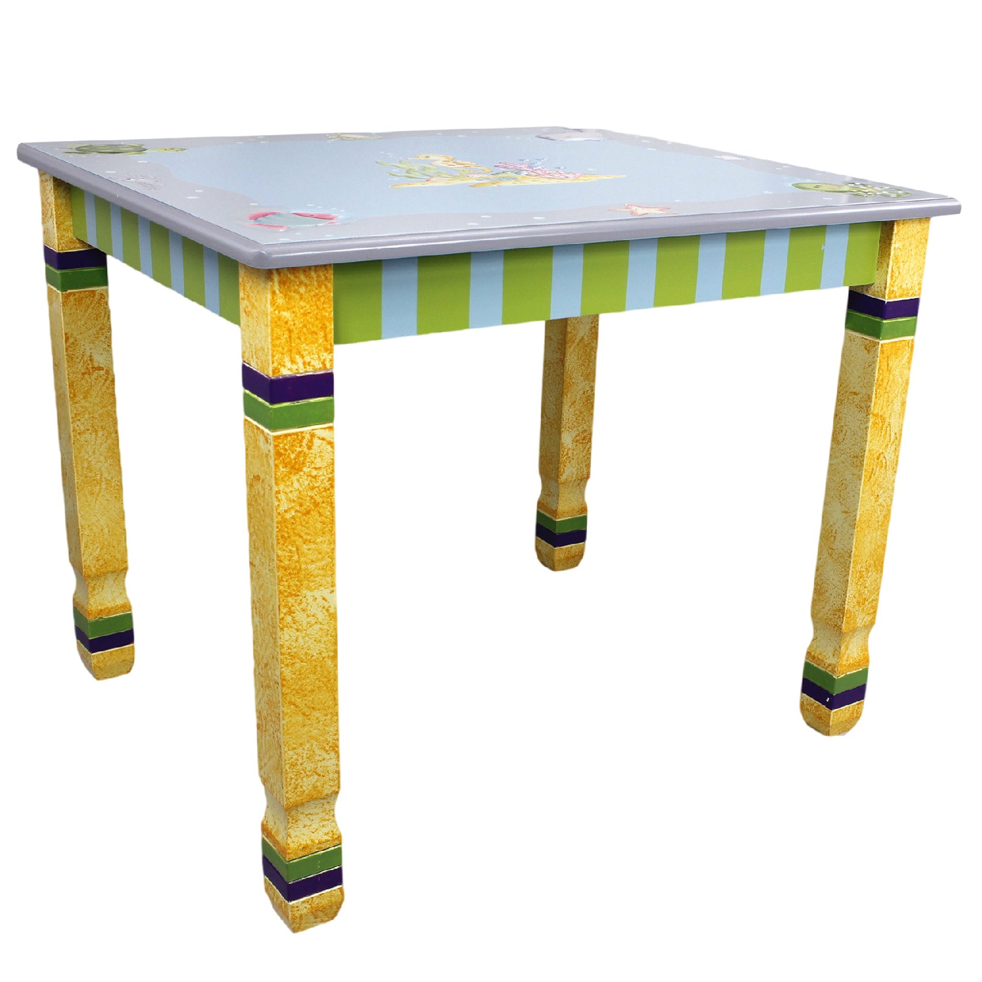 Fantasy Fields Toy Furniture Under the Sea Table with Hand-Carved Distressed Sponge Finish Legs, Striped Apron, & Hand-Painted Sea Creature Top, Blue/Yellow