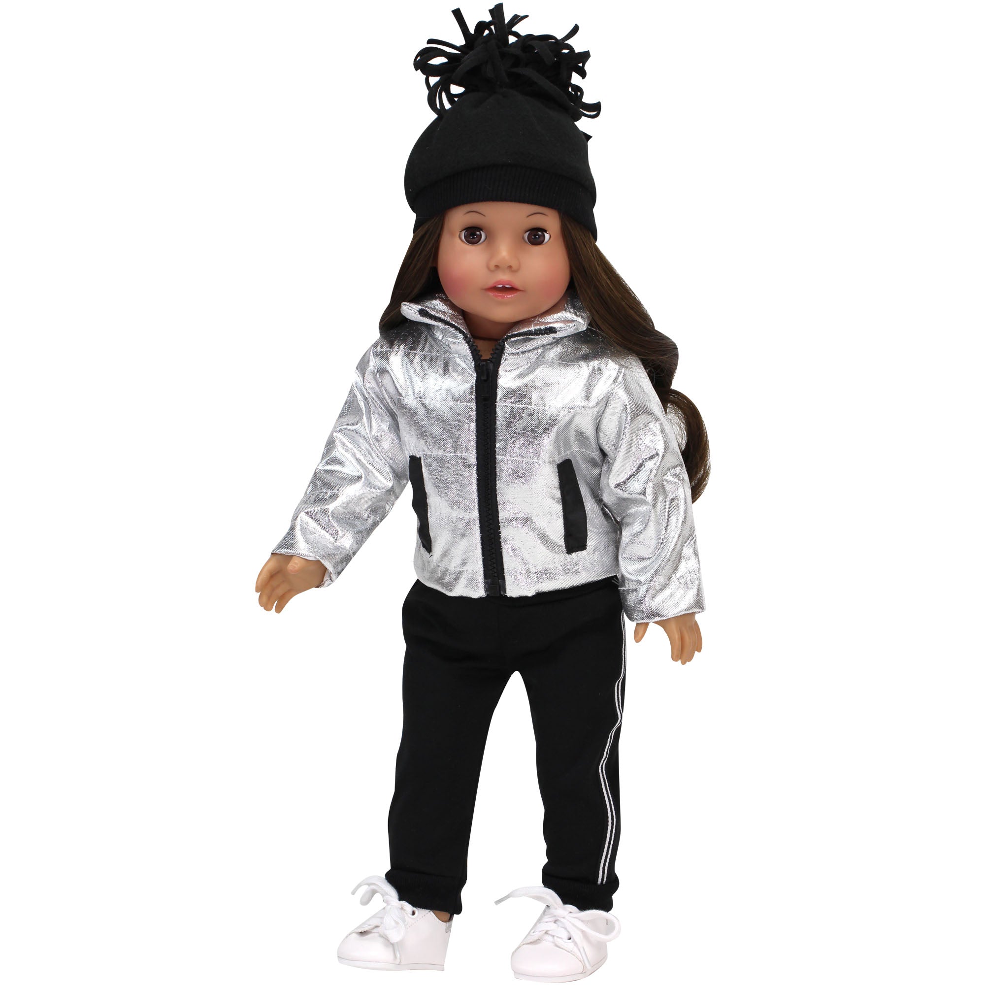 Sophia’s Complete Three-Piece Metallic Zip-Up Jacket, Black Side Stripe Joggers, & Knit Pom Pom Hat for 18” Dolls, Silver/Black