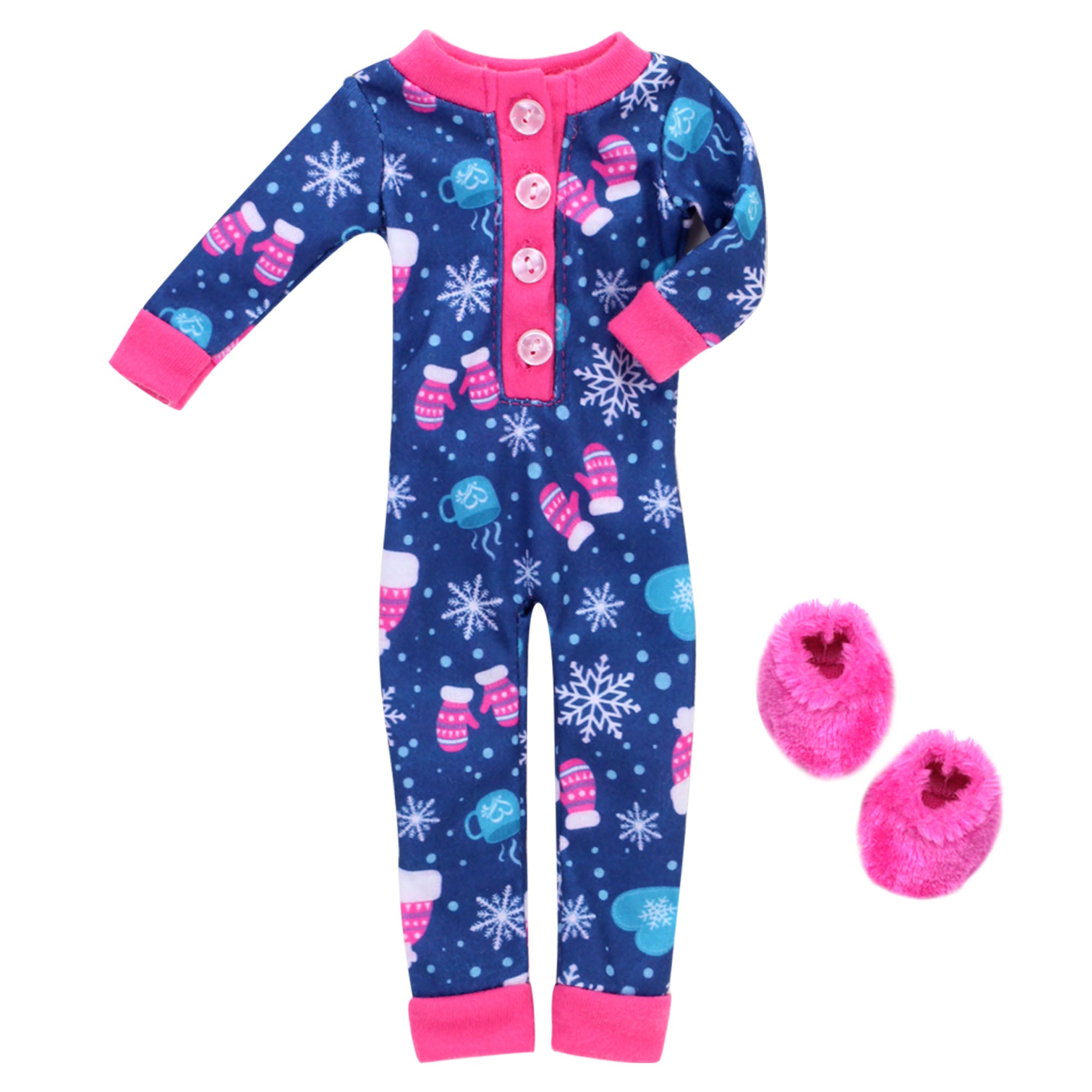 Sophia's One Piece Winter Pajamas and Slippers for 14.5" Dolls, Blue/Hot Pink