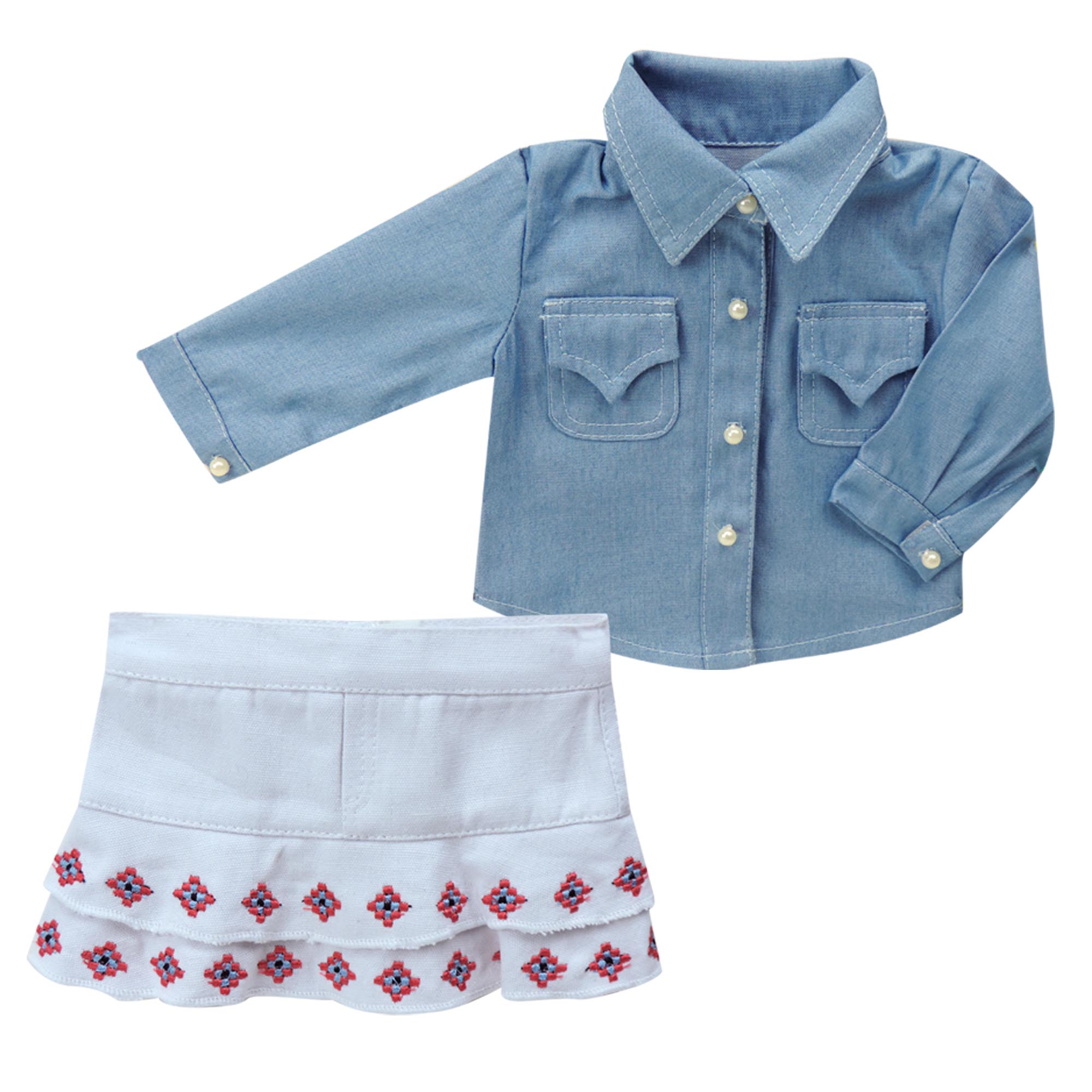 Sophia’s Southwest Chic Chambray Button-Up Shirt & White Denim Skirt with Craft Art Embroidered Details Complete Outfit for 18” Dolls, Light Blue
