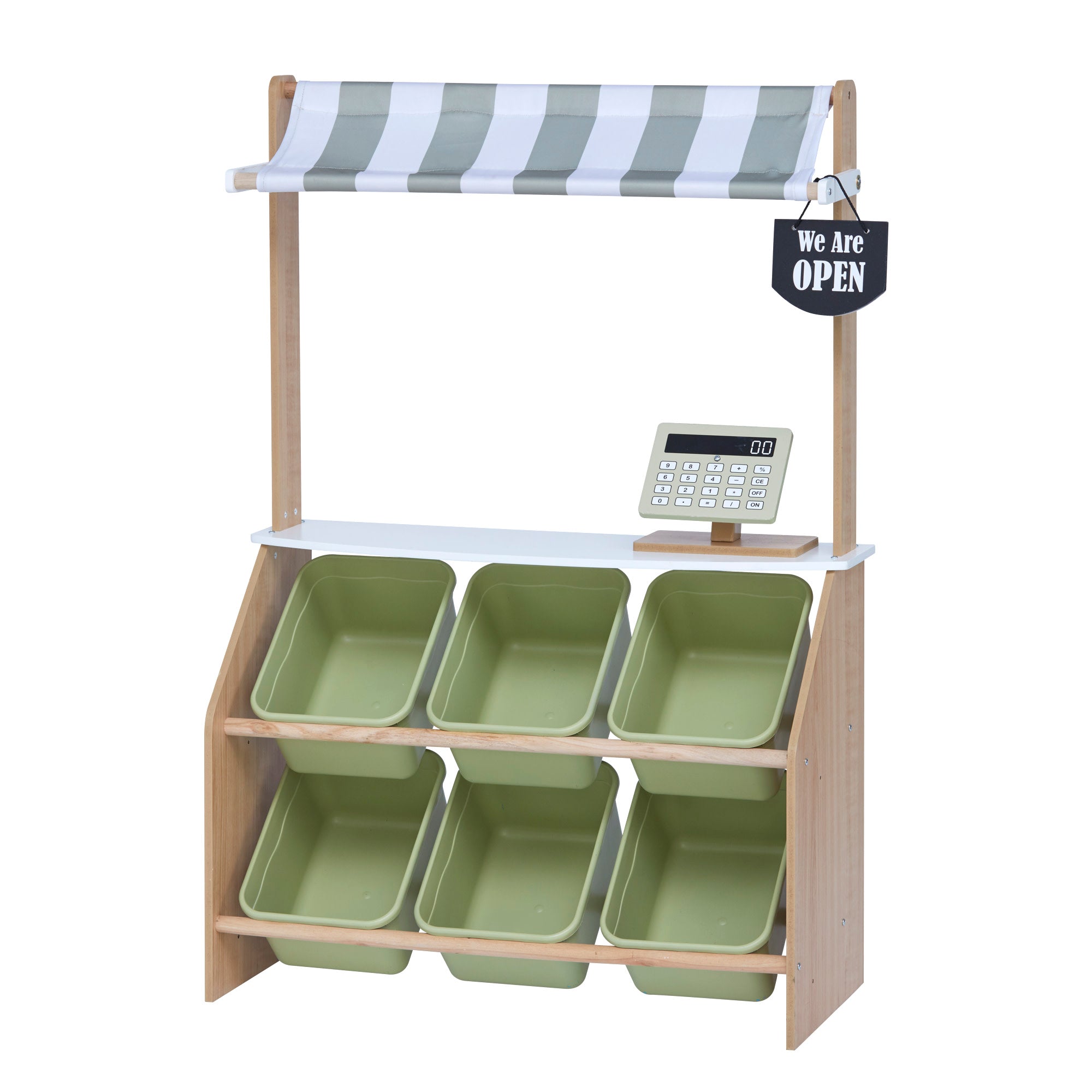 Teamson Kids Little Helper Wooden Play Farmer's Market Stand with Cash Register and Storage Bins, Natural/Green
