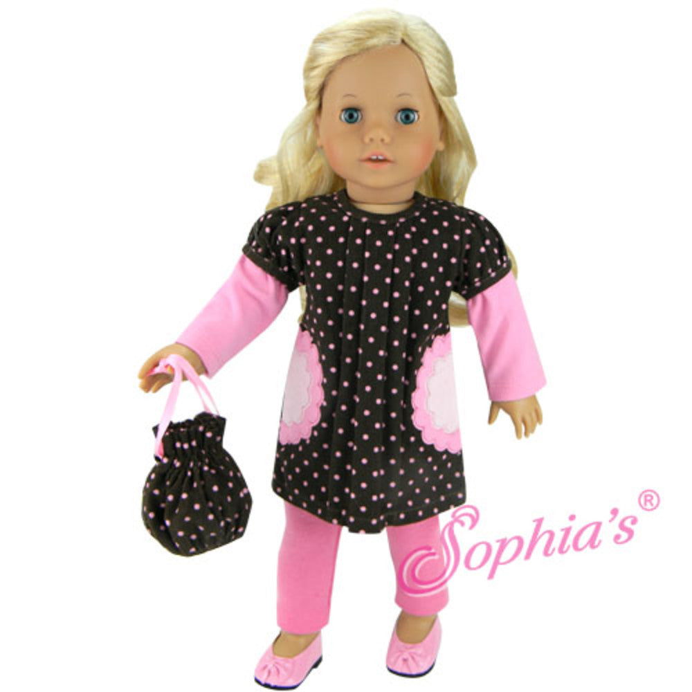 Sophia’s Long-Sleeved Layered Look Mix & Match Polka Dot Corduroy Applique Dress, Leggings, and Matching Drawstring Bag for 18” Dolls, Brown/Pink
