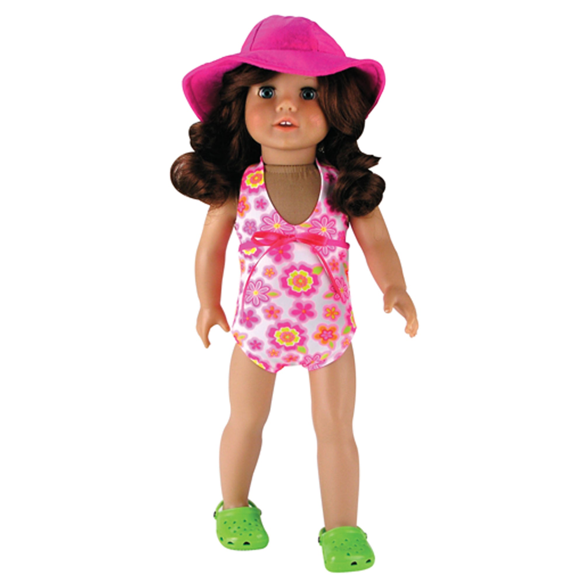Sophia’s One-Piece Bathing Suit & Wide-Brimmed Floppy Hat Summer Set for 18” Dolls, Hot Pink