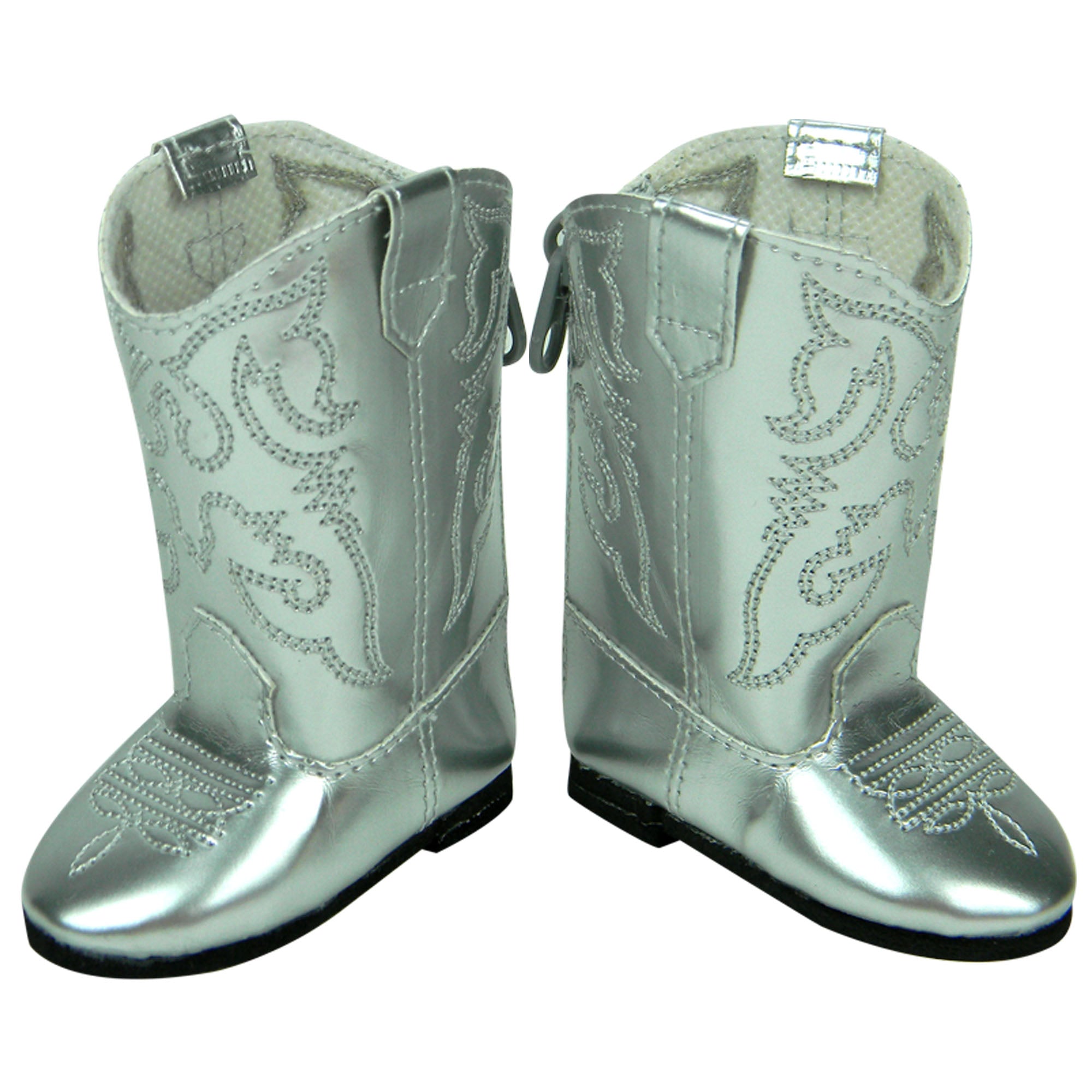 Sophia’s Gender-Neutral Western Faux Leather Cowboy Boots with Traditional Embroidered Details and Zip-Up Back for 18” Dolls, Silver