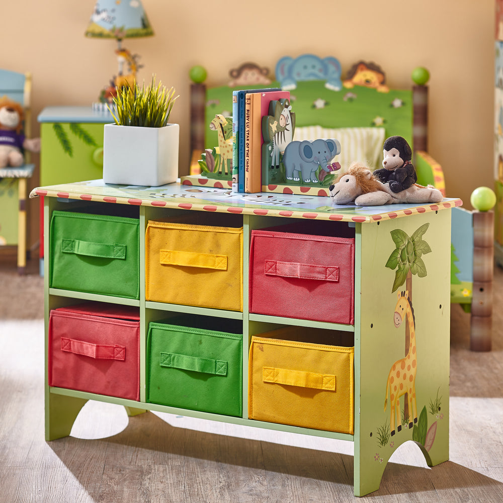 Fantasy Fields Sunny Safari Hand-Painted Storage Cubby Base Set with 6 Canvas Bins, Green/Multi