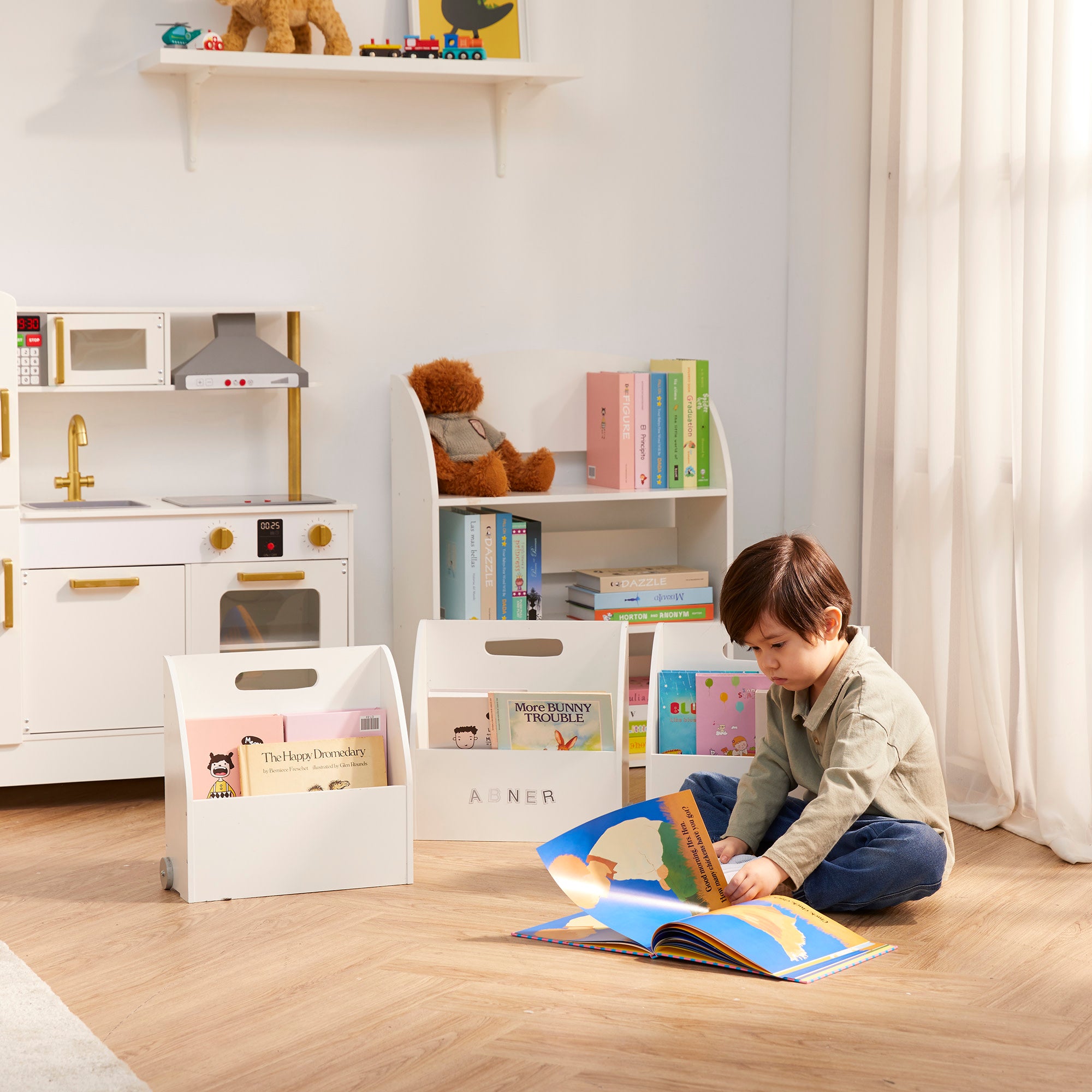 Fantasy Fields Kids Portable Bookcase Set of 3 with Magnetic Dry Erase Whiteboard, White