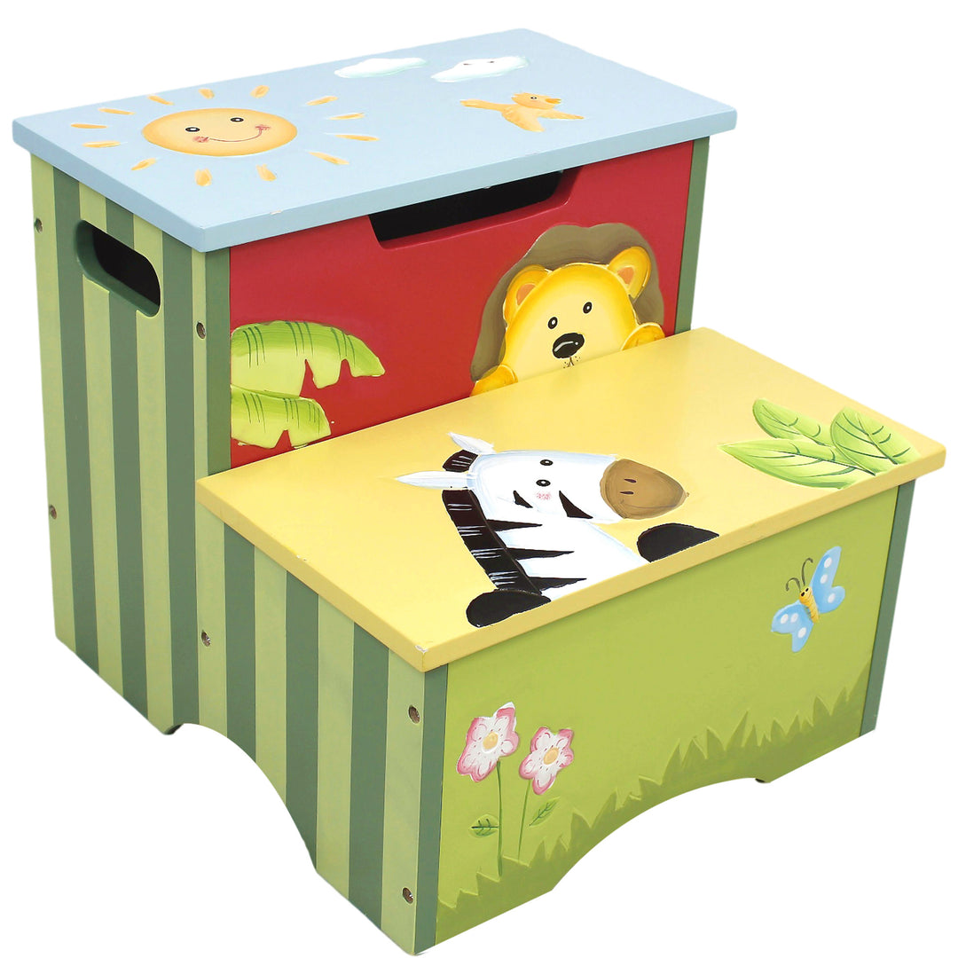 Fantasy Fields Sunny Safari Kids Wooden Step Stool with Storage, Multicolor