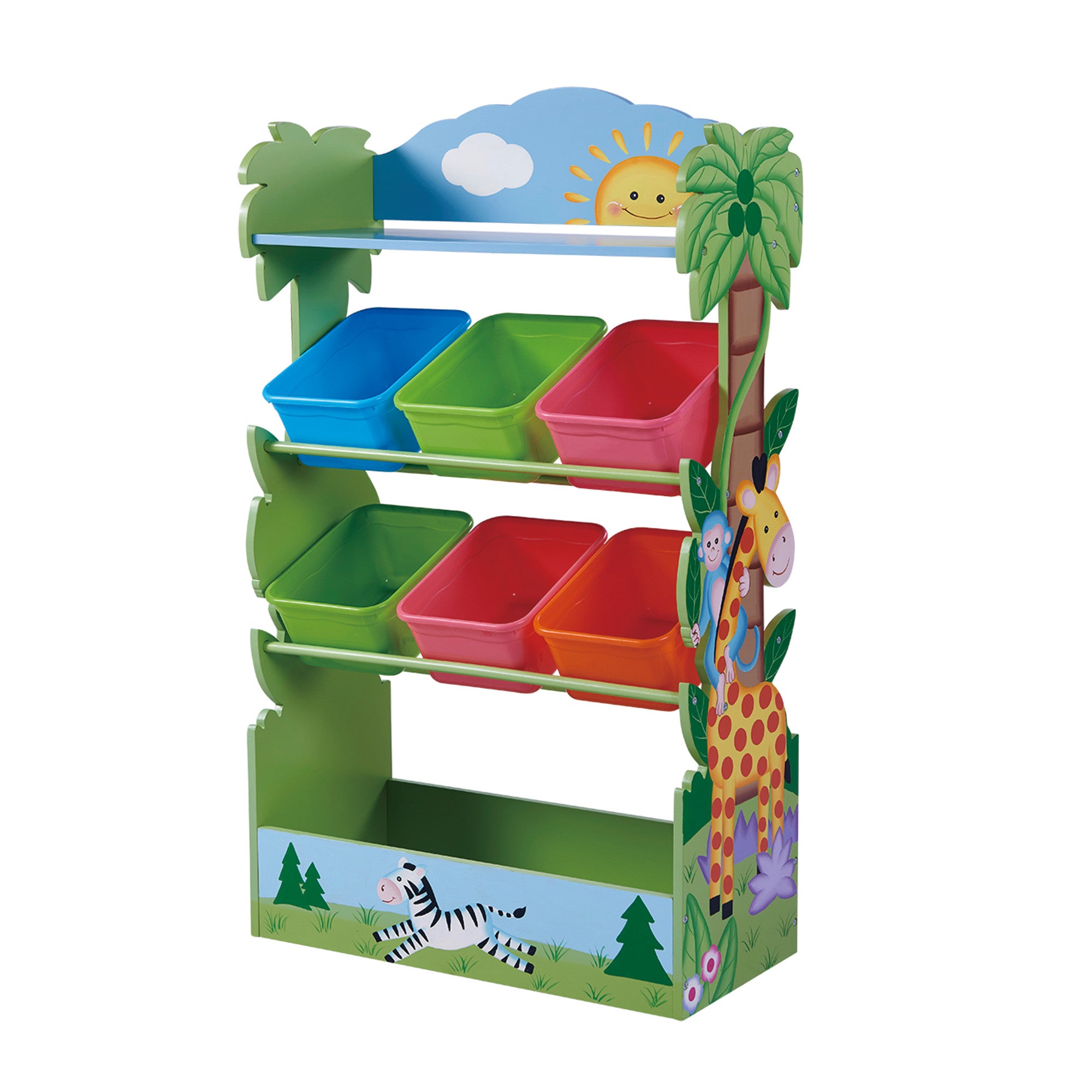 Fantasy Fields Sunny Safari Kids Wooden Toy Organizer with Storage Bins, Blue/Green