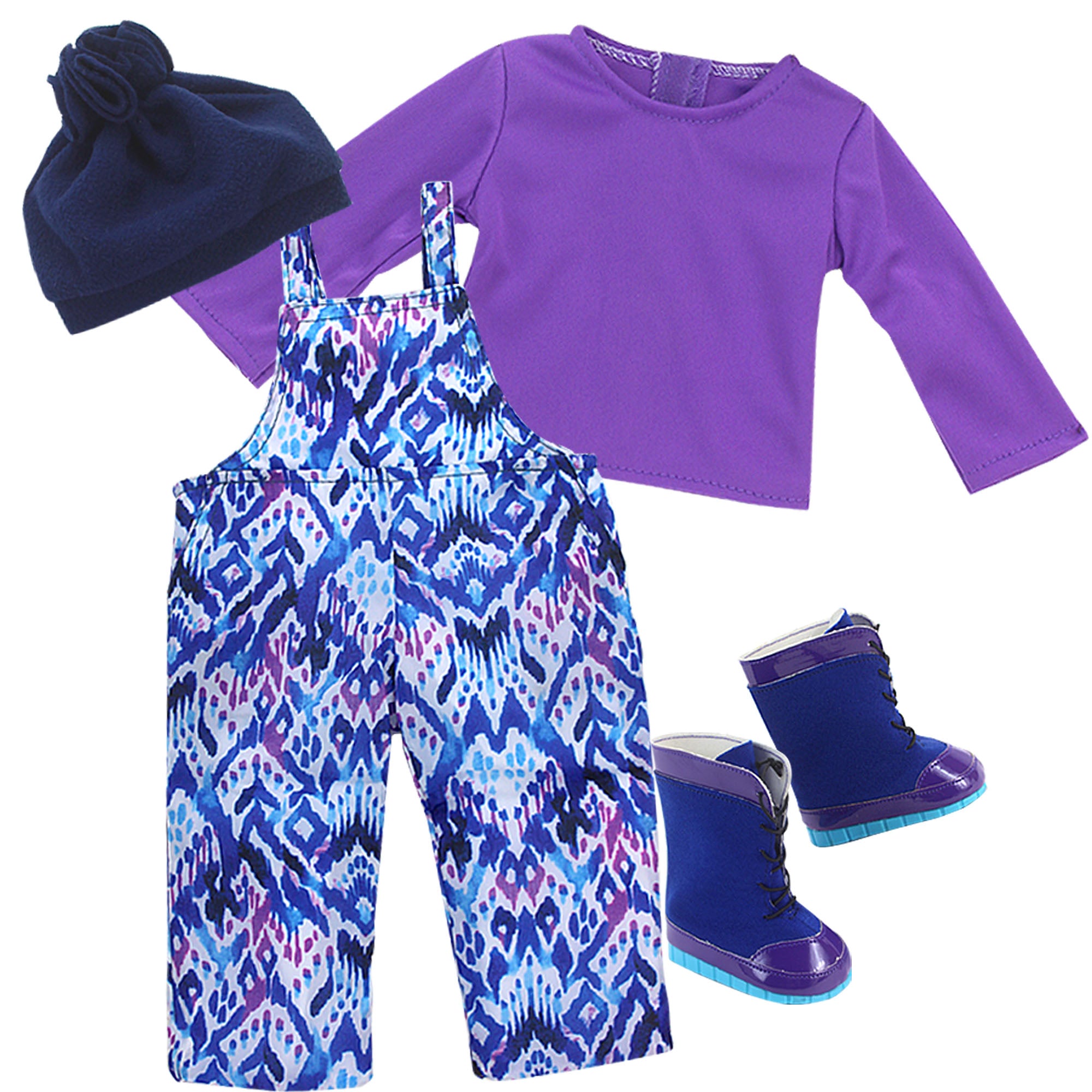Sophia's Ikat Print Snow Bib Overalls, Long Sleeve Tee, Fleece Hat and Boots Set for 18" Dolls, Purple