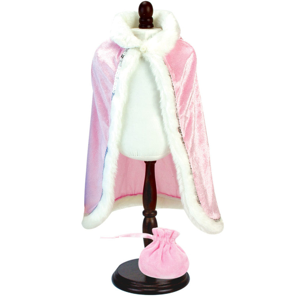 Sophia’s Glamorous Royal Velour Cape with Faux Fur & Silver Sequin Trim and Matching Drawstring Purse for 18” Dolls, Light Pink