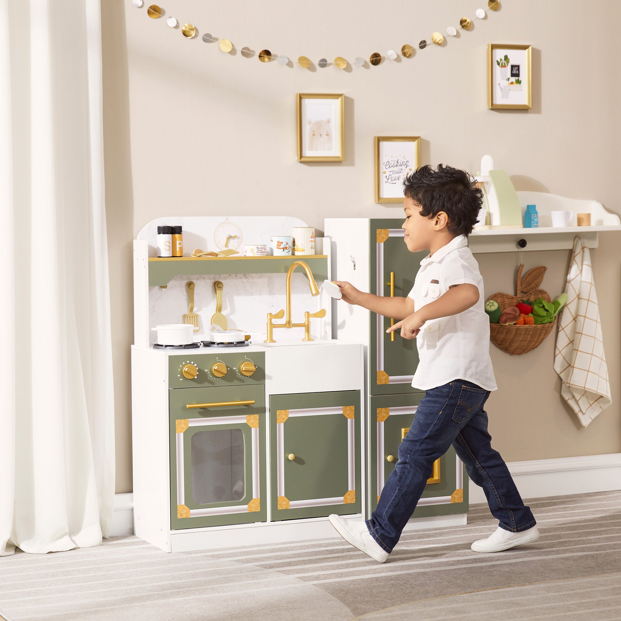 Teamson Kids Versailles Wooden Deluxe Play Kitchen Plus Refrigerator and 15 Accessories, Olive Green