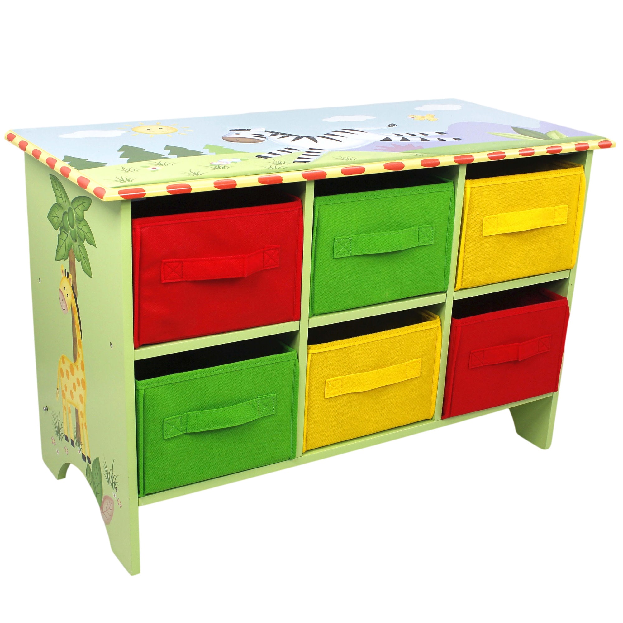 Fantasy Fields Sunny Safari Hand-Painted Storage Cubby Base Set with 6 Canvas Bins, Green/Multi