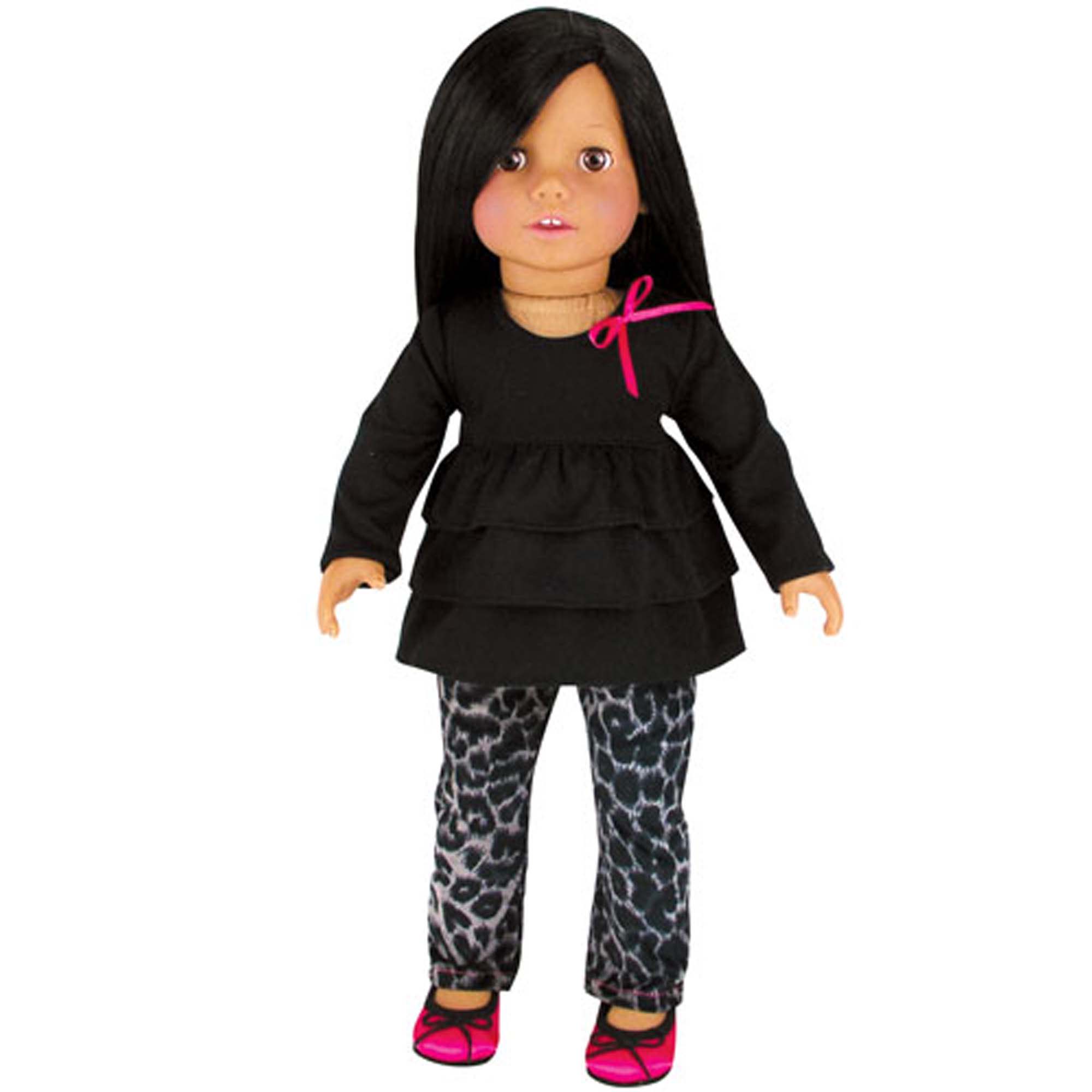 Sophia’s Two-Piece Complete Doll Outfit Set with Leopard Animal Print Jeans & Long Sleeve Ruffle Peplum-Style Tee Shirt for 18” Dolls, Black