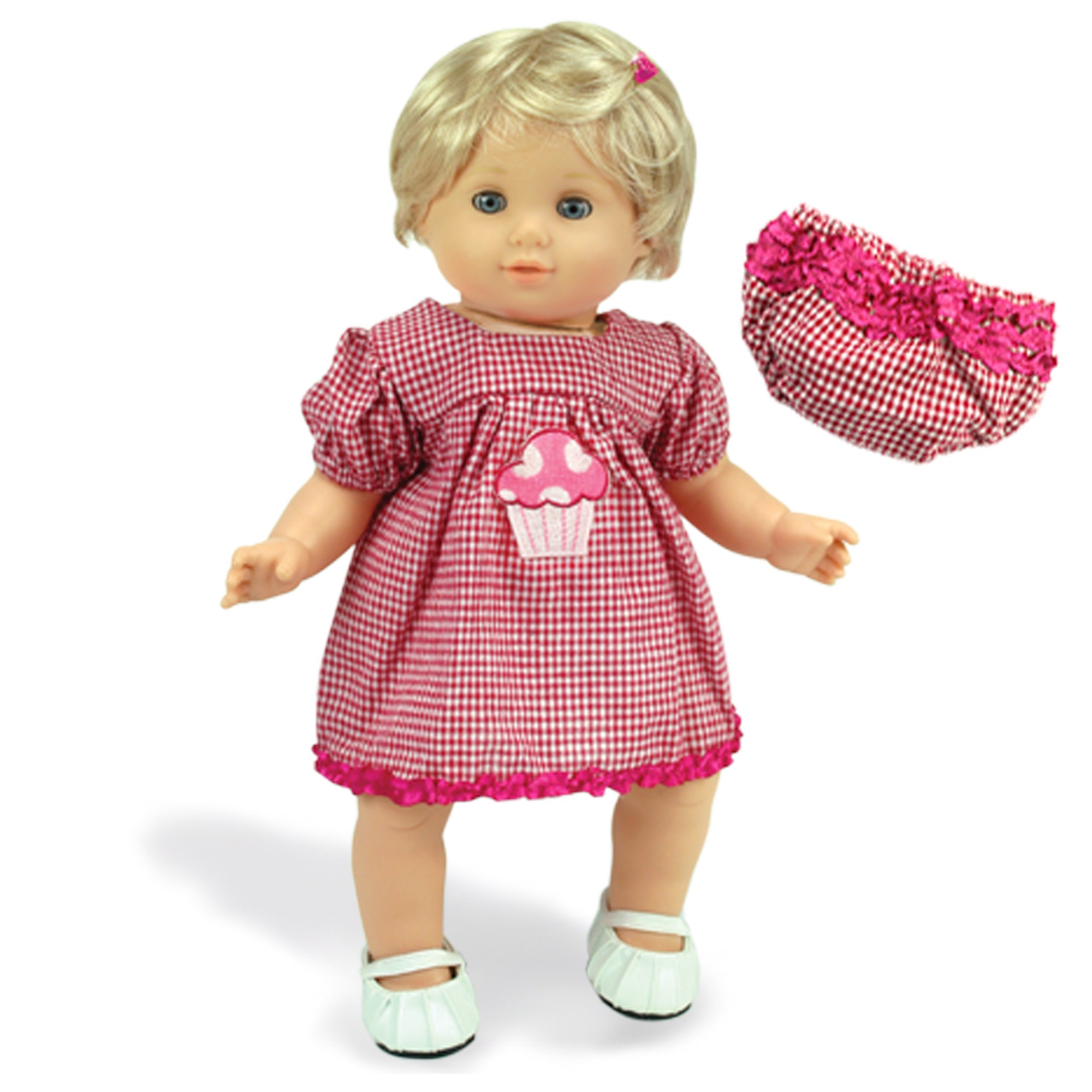 Sophia’s Gingham Cupcake Dress & Matching Bloomers with Ruffled Lace Details for 15” Baby Dolls, Hot Pink