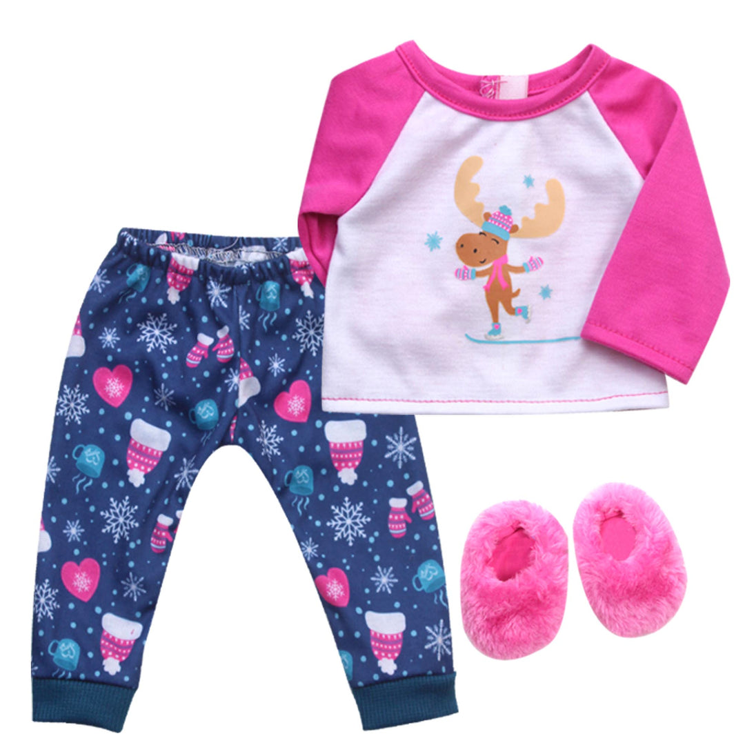 Sophiaƒ??s Super Cute Moose & Snowflake Print Long-Sleeved Raglan Winter Sleepwear Pajamas & Fuzzy Slipper Set for 18ƒ?� Dolls, Blue/Pink