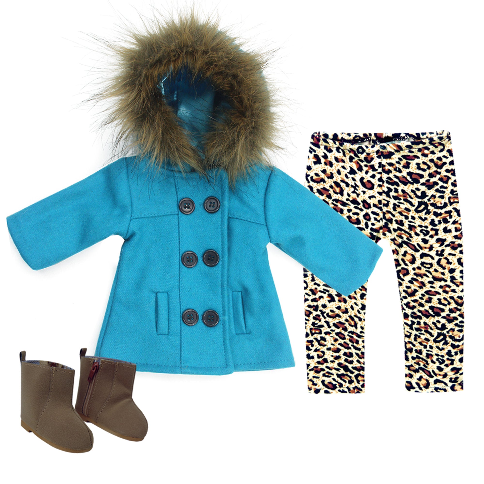 Sophia's 3 Piece Winter Set Includes Fur Trimmed Pea Coat, Animal Print Leggings and Boots for 18" Dolls, Turquoise/Brown
