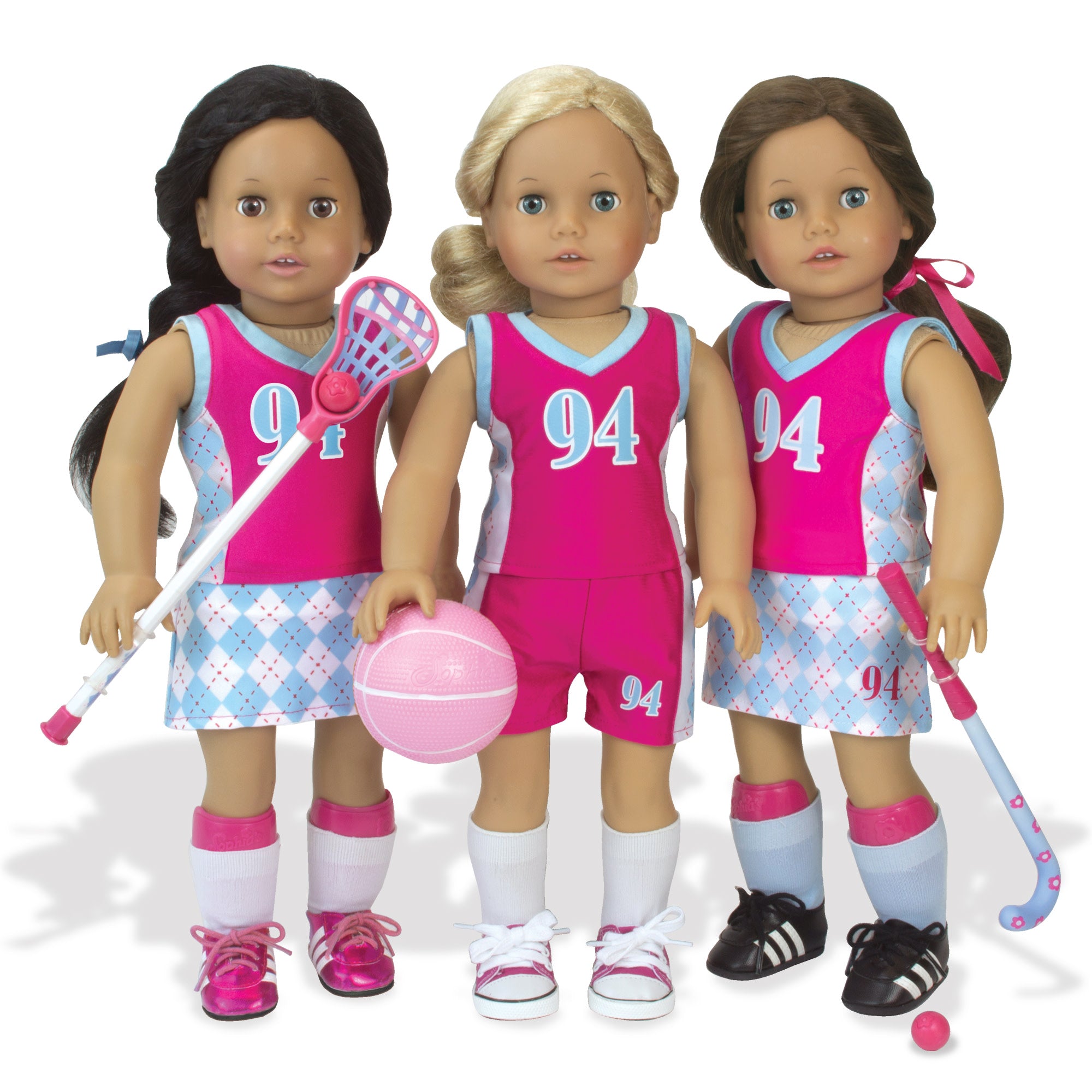 Sophia’s Complete Lacrosse, Field Hockey, Soccer, & Basketball Sports Equipment Playset for 18” Dolls, Pink/Green