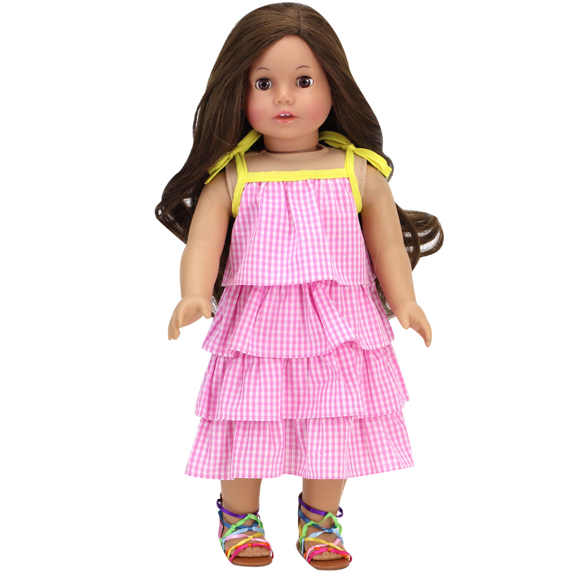 Sophia’s Spring Summer Picnic Gingham Tiered Ruffle Maxi Dress with Bright Yellow Trim and Tie-Straps for 18” Dolls, Pink