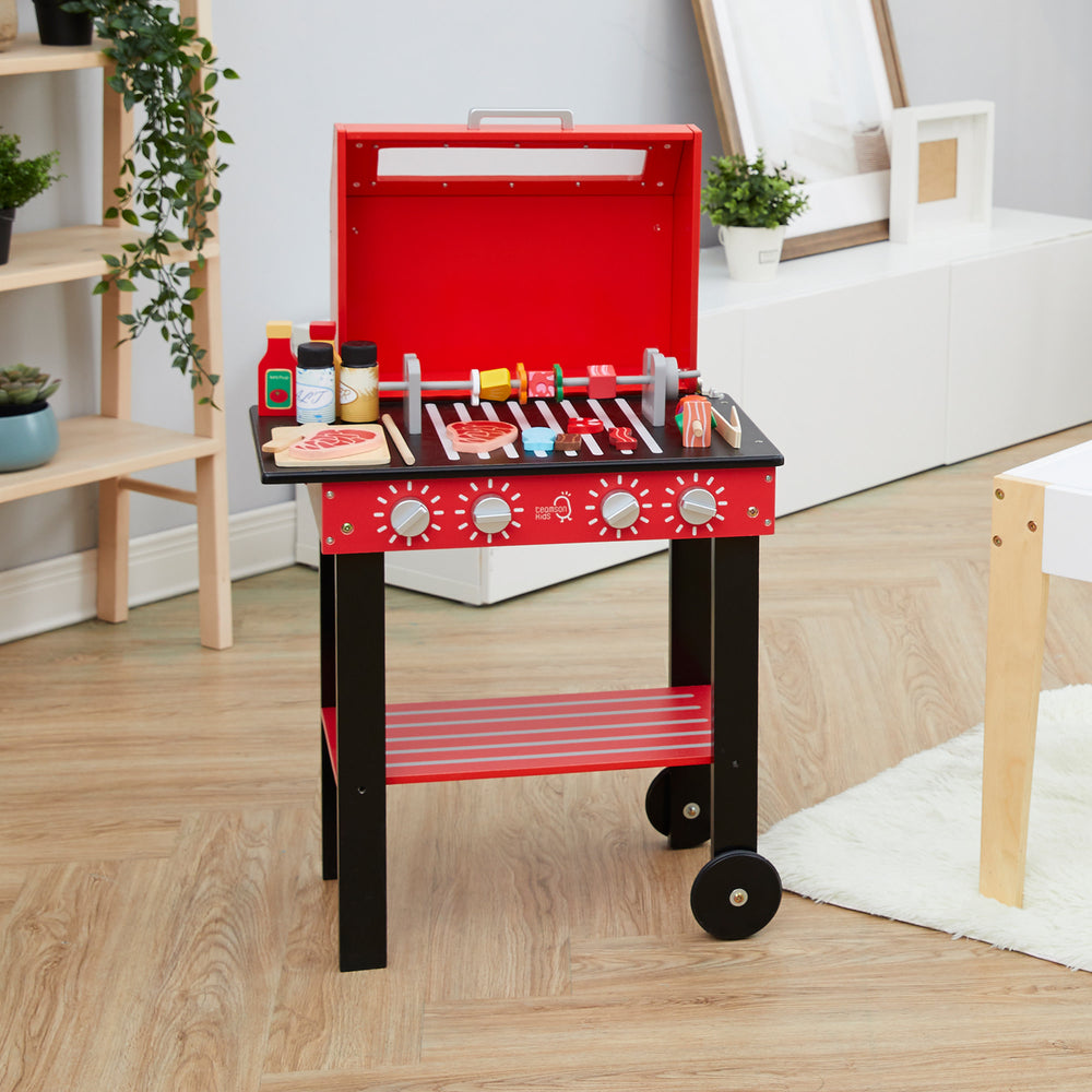Teamson Kids Little Helper Wooden Backyard BBQ Grill Playset with 26 Cooking Accessories, Red/Black