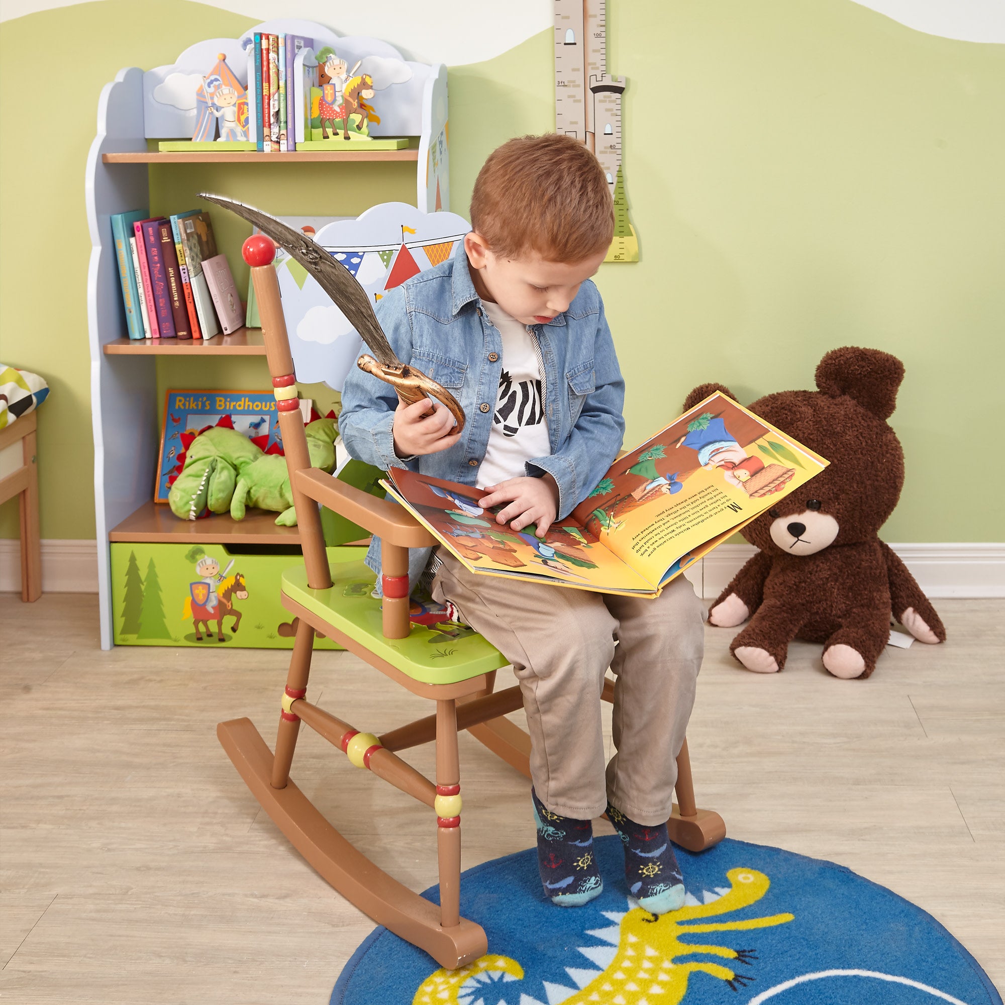 Fantasy Fields Toy Furniture Knights & Dragons Rocking Chair with Hand-Carved & Hand-Painted Castle Back, Red Accents, & Jousting Scene Seat, Green/Brown