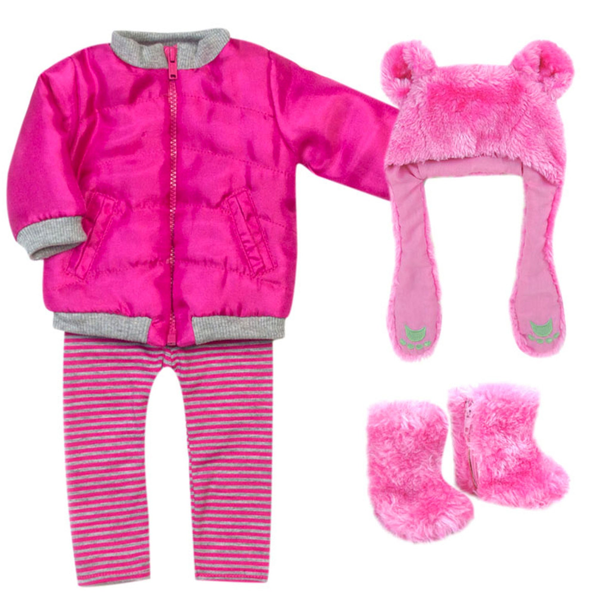 Sophia's 4 Piece Winter Outfit with Bear Fur Hat Set for 18'' Dolls, Hot Pink