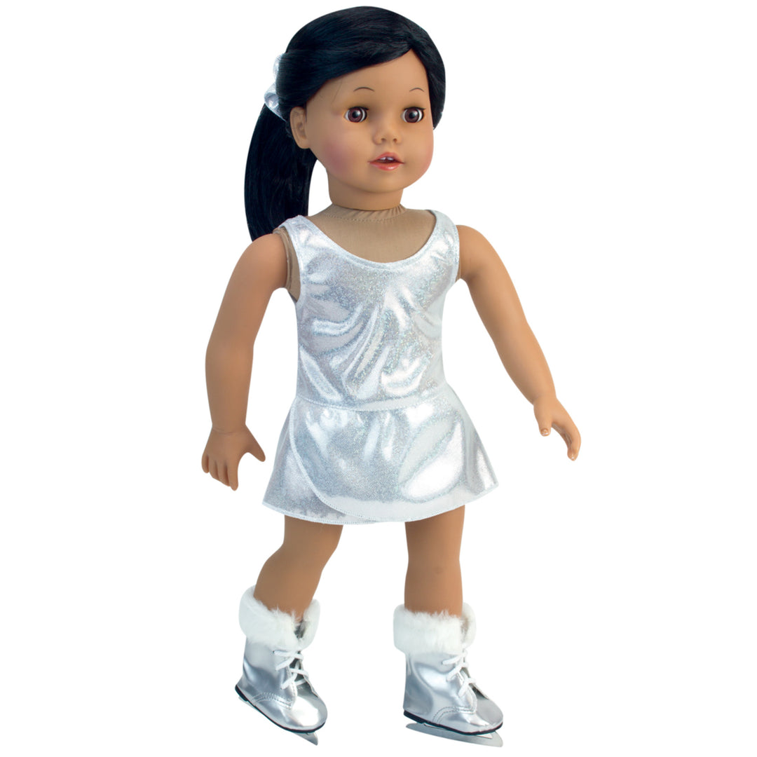 Sophia’s Sparkly Ice-Skating Gown, Hair Scrunchy, and Faux Fur-Trimmed Ice Skates Complete Costume Set for 18” Dolls, Silver